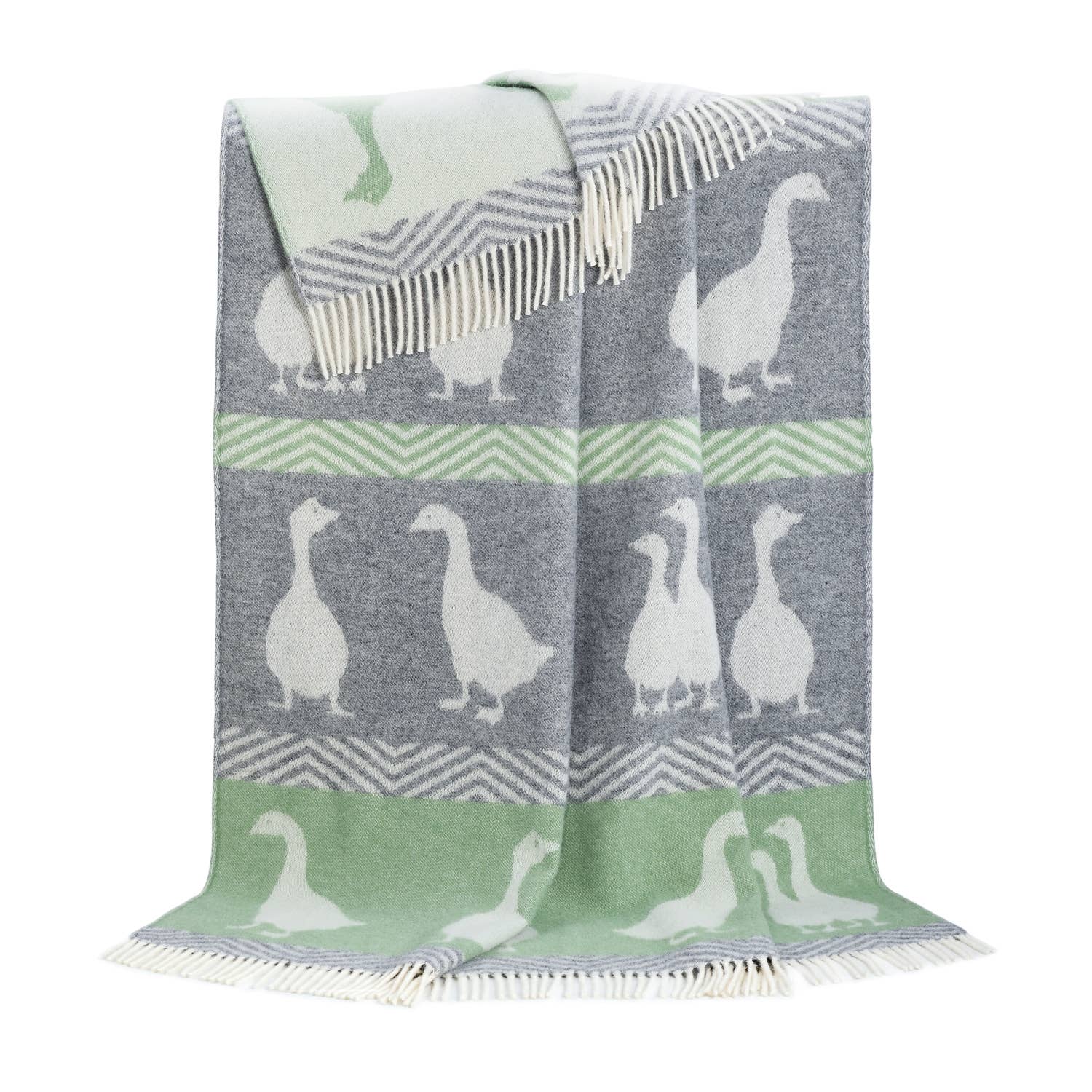 Geese Soft Grey & Green Pure Wool Throw JJ Textile