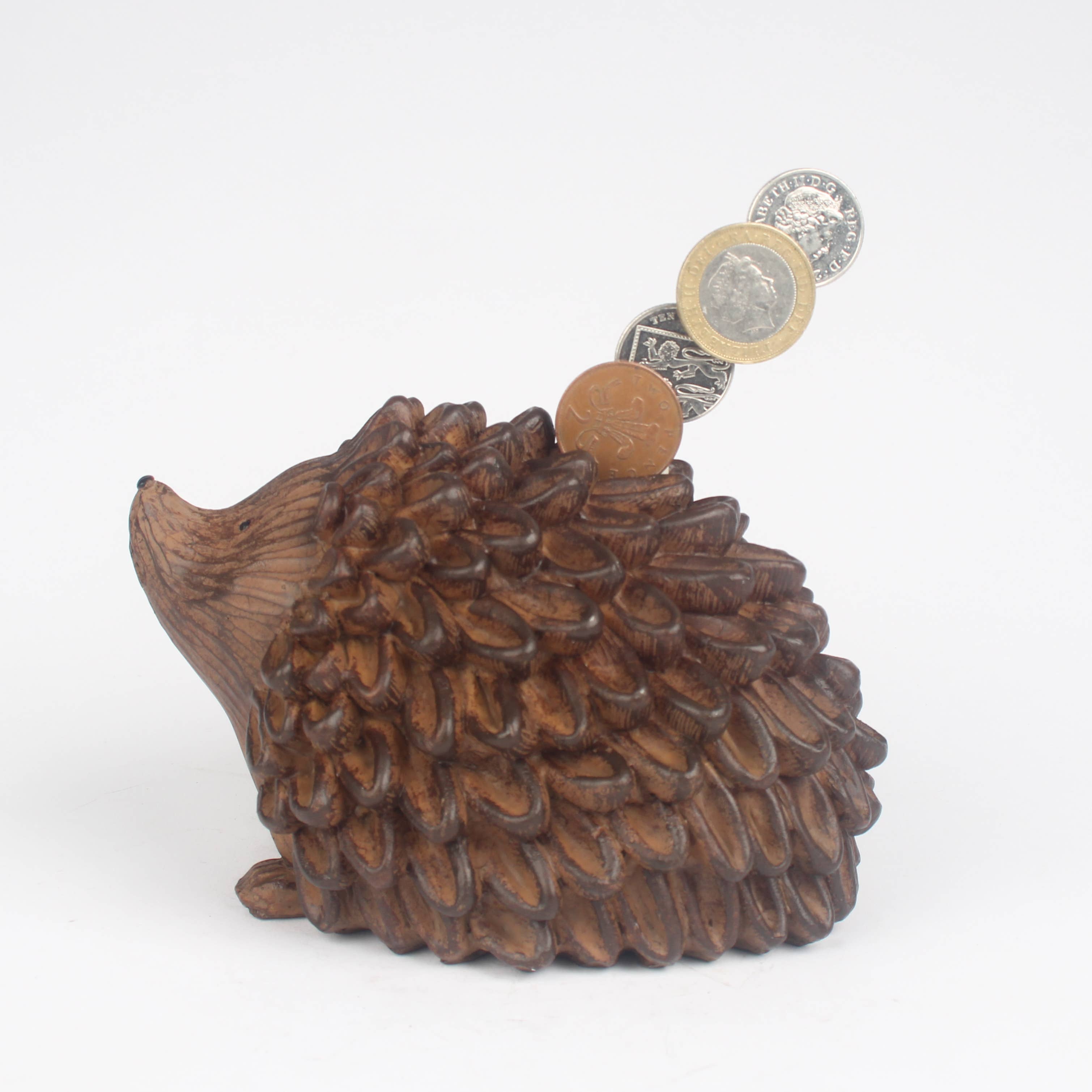 Rustic Carved-Effect Hedgehog Money Box & Ornament