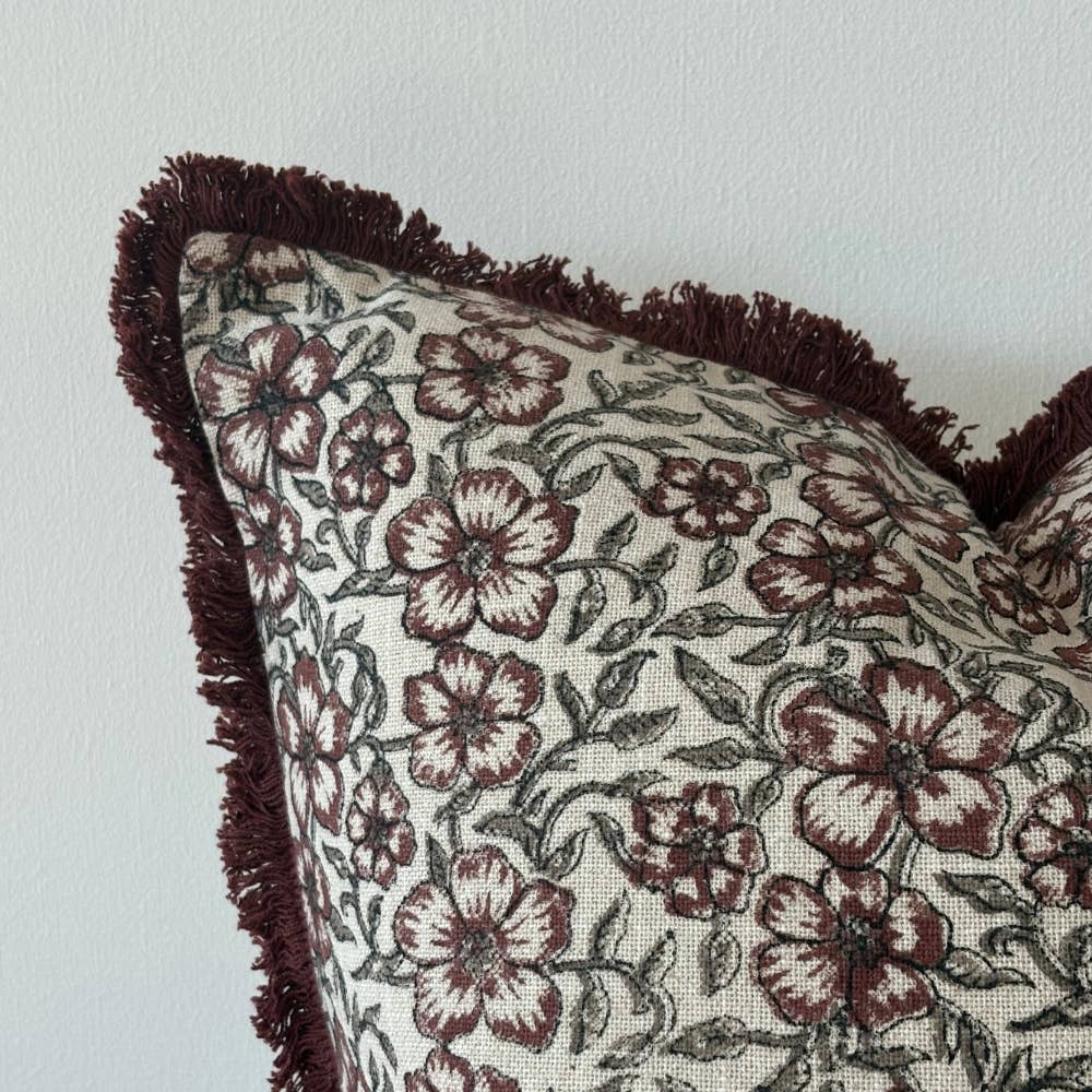Sadie Burgundy Fringed Floral Cushion Cover - 45x45