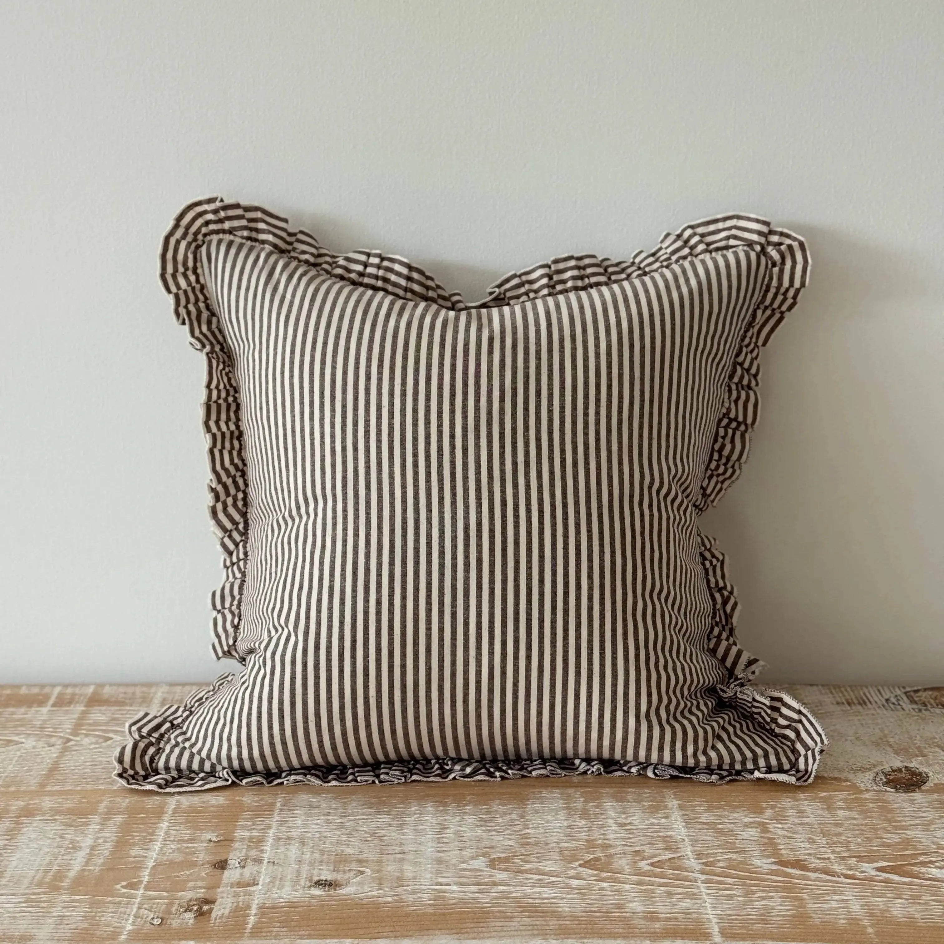 Darcy Ruffle Cotton Cushion Cover 65 x 65 cm – Dark Brown Stripe Ellenvale Trade