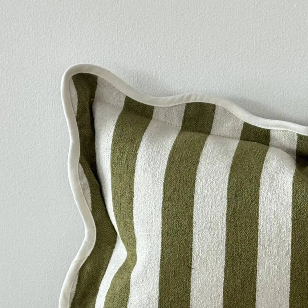 Chloe Olive Lime Stripe Scalloped Edge Cushion Cover – 50 × 30 cm