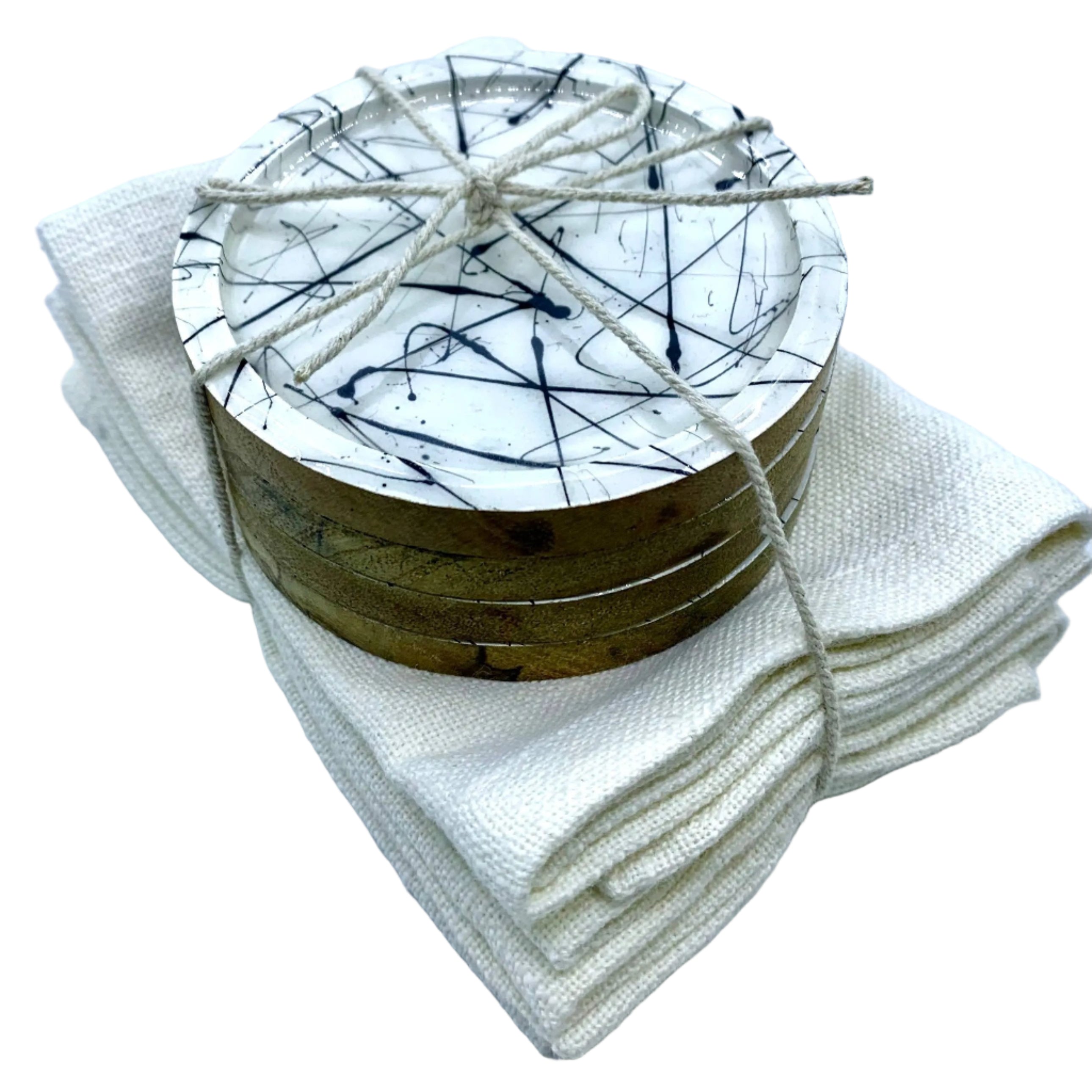 Gift Pack – Set of 4 Wooden Coasters & Cocktail Napkins Rich Home Linens