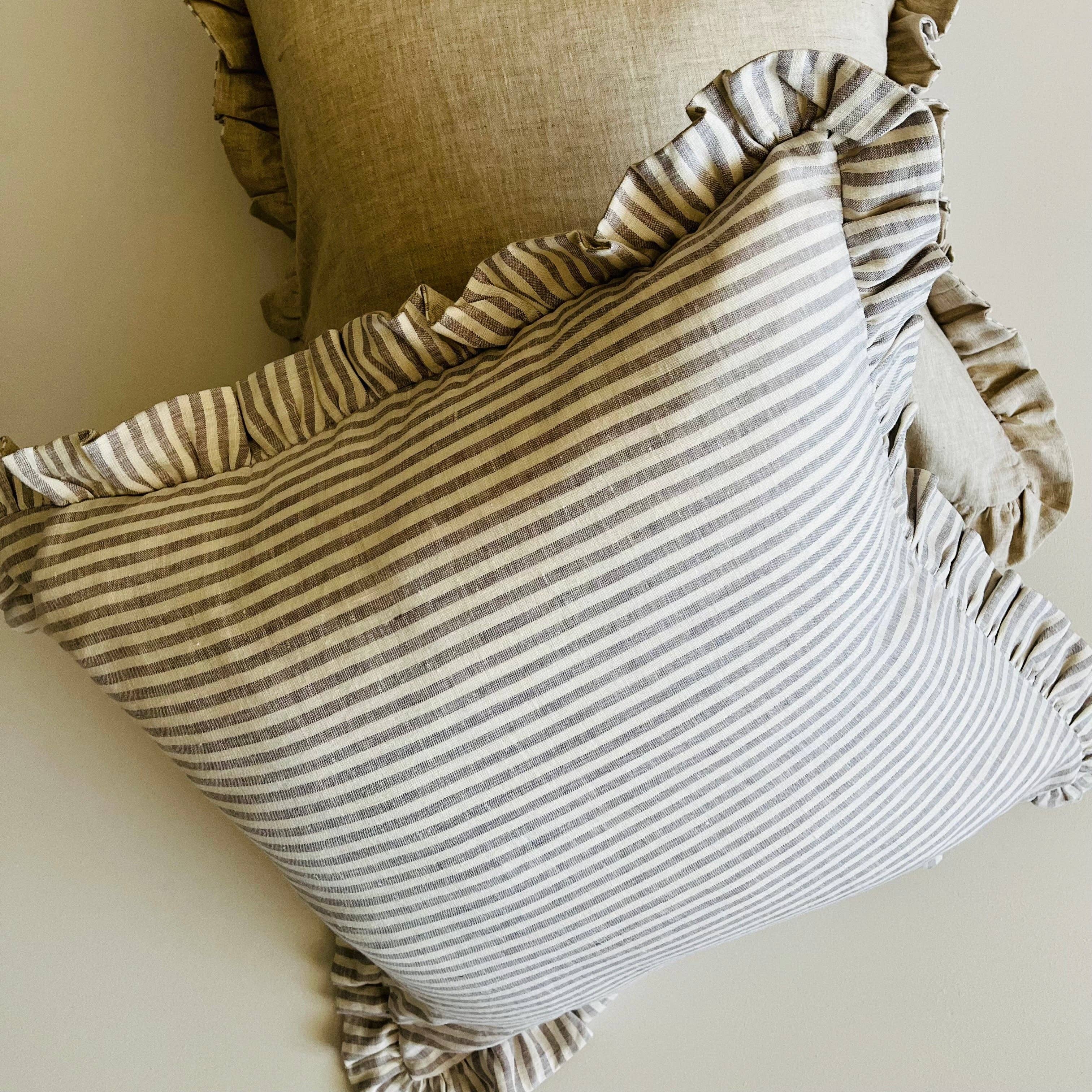 Pure Linen Reversible Ruffle Cushion Cover - Grey Stripe - Natural Mama and Tochter