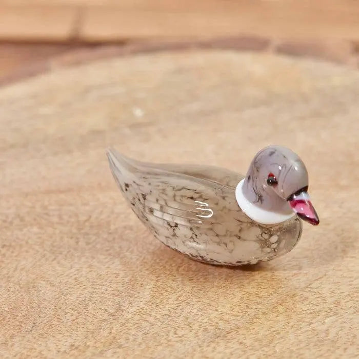 Tiny Glass Mallard Duck Ornament – Mottled Grey with White Neck