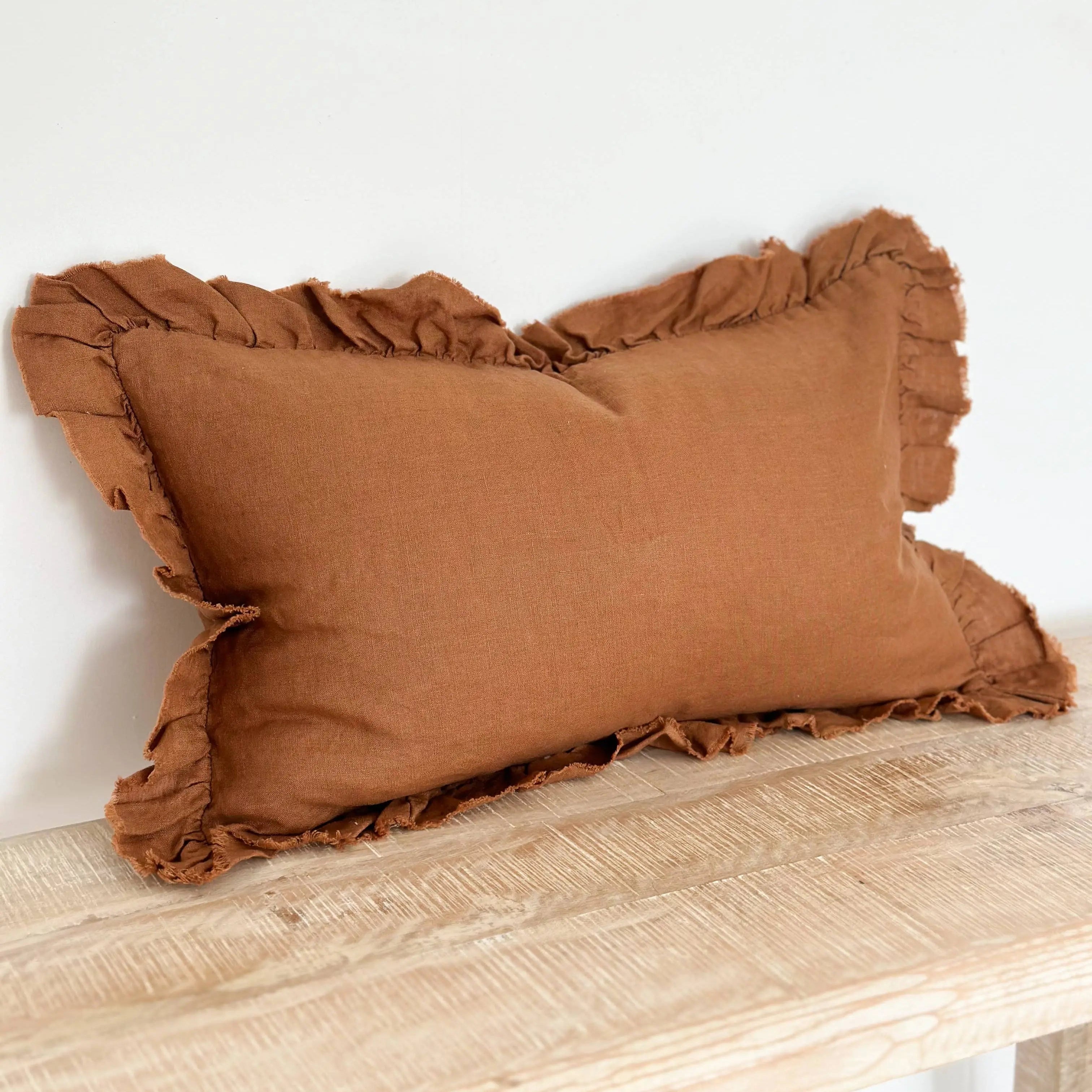Hallie Ruffled Linen Cushion Cover – Rust 50 × 30 cm