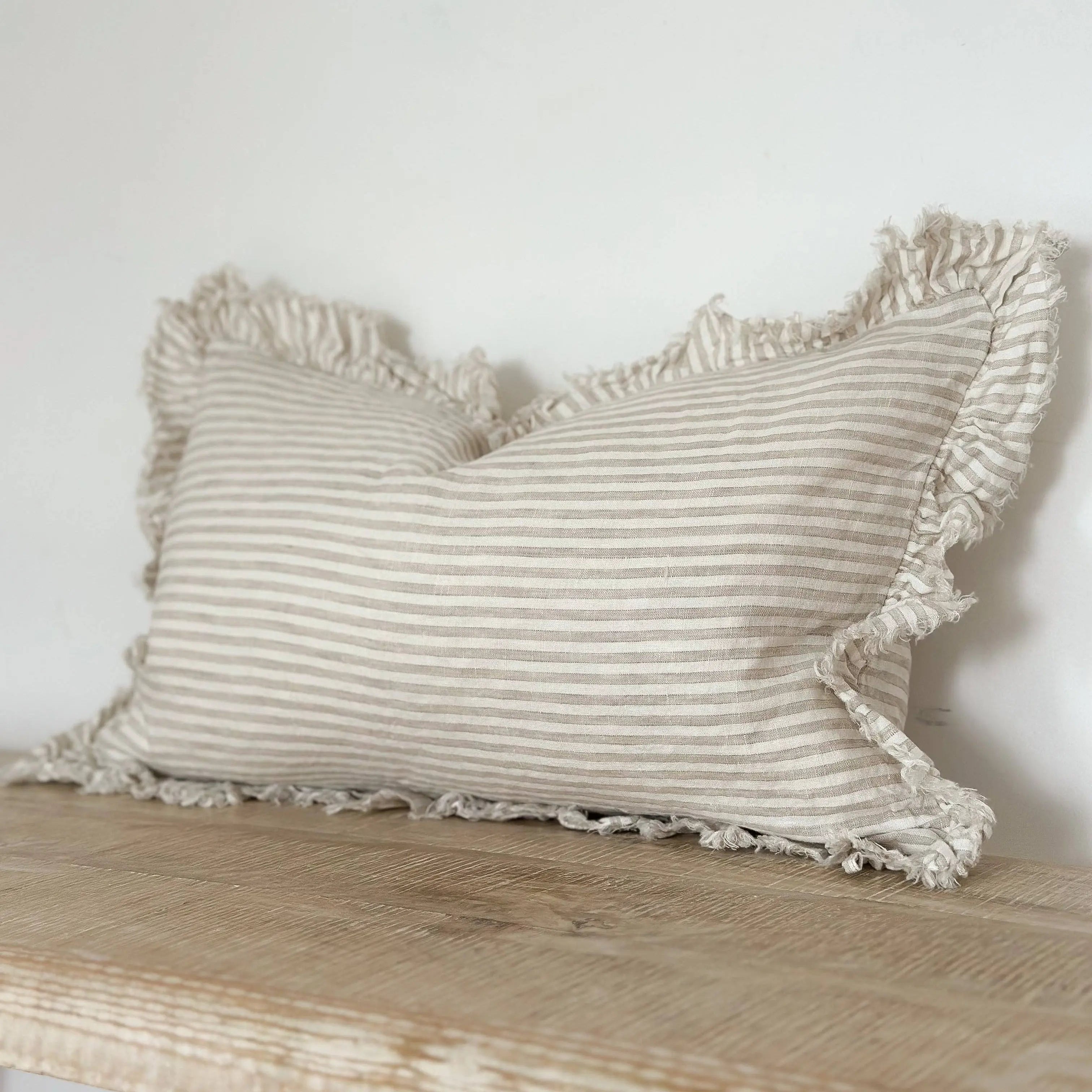Hallie Ruffled Linen Cushion Cover – Natural Beige Stripe 50 x 30 cm Ellenvale Trade