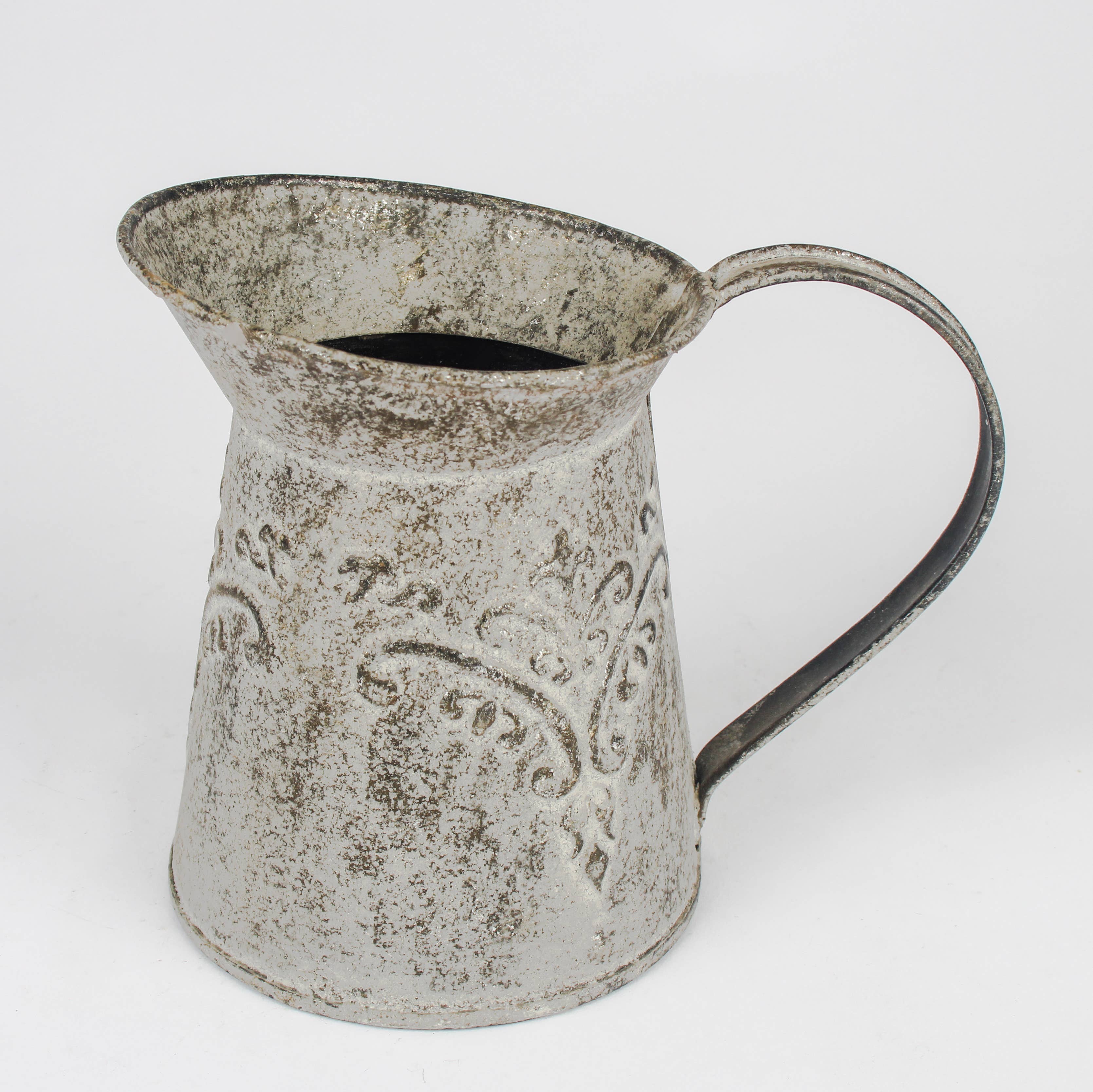 Distressed Grey Metal Jug Planter – Rustic Embossed Pitcher Originals International Ltd