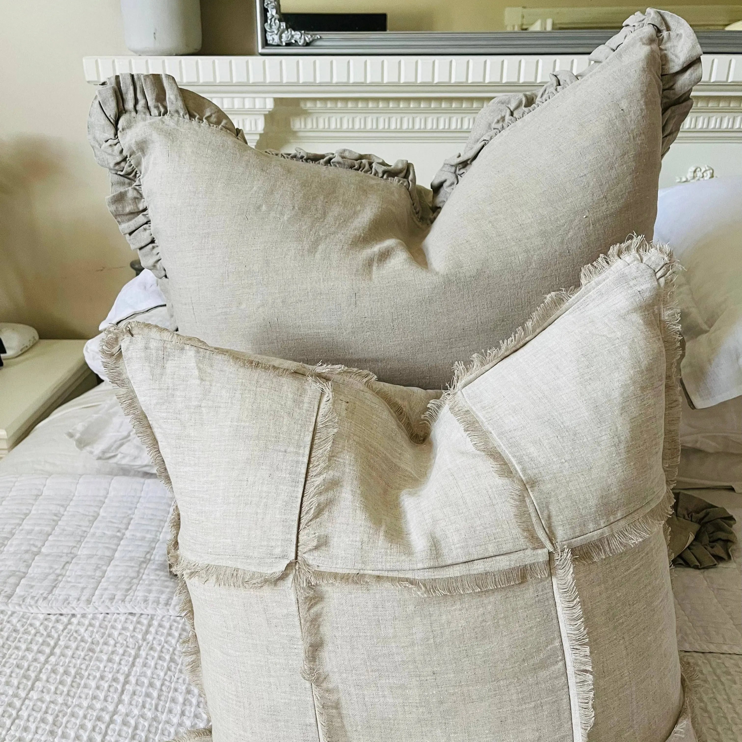 Natural Pure French Linen Euro Cushion Cover Only with Full Ruffled Edge 65cmx 65cm - Barrington Country Homewares