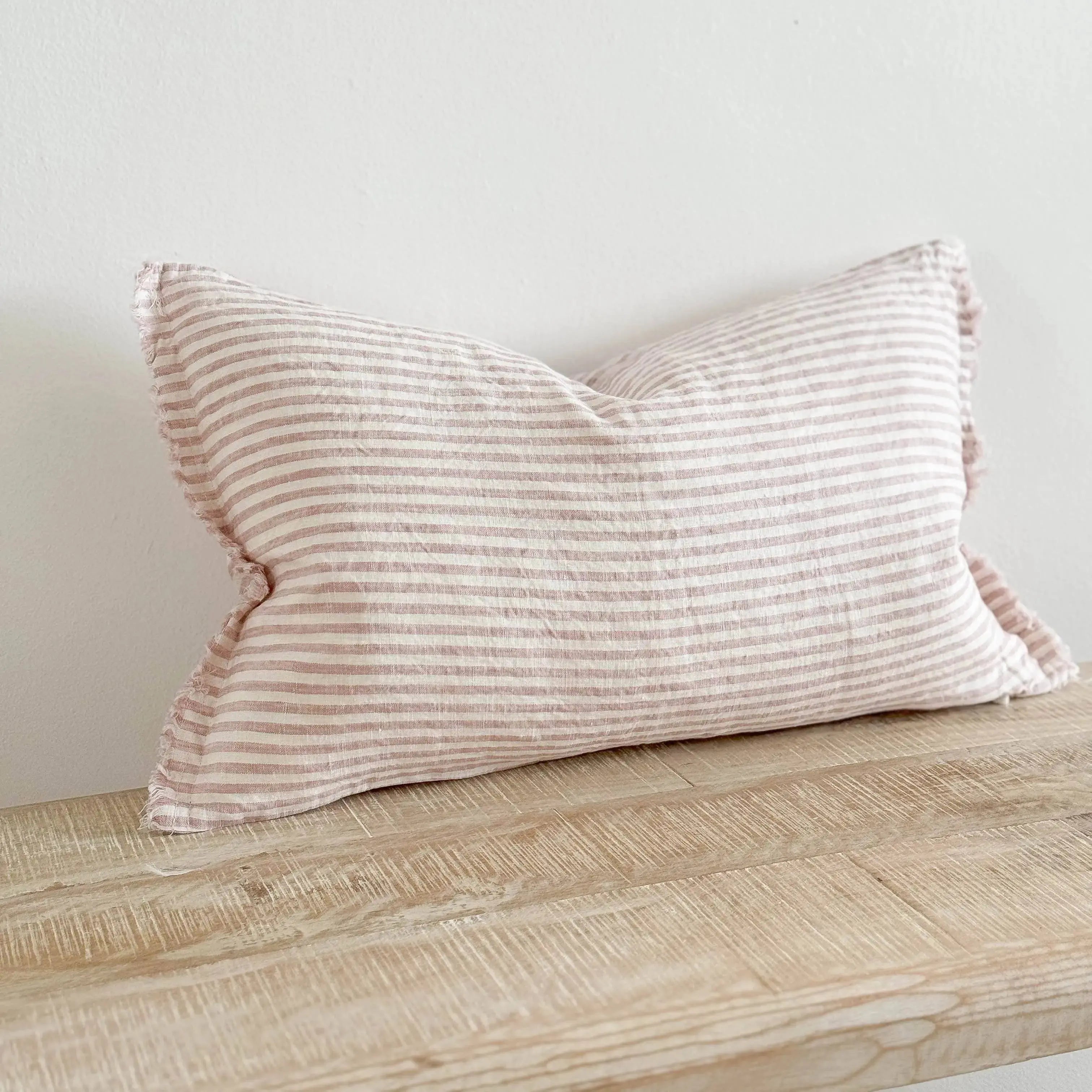 Esmee Fringed Linen Cushion Cover 50x30 – Pink & Cream Stripe Ellenvale Trade