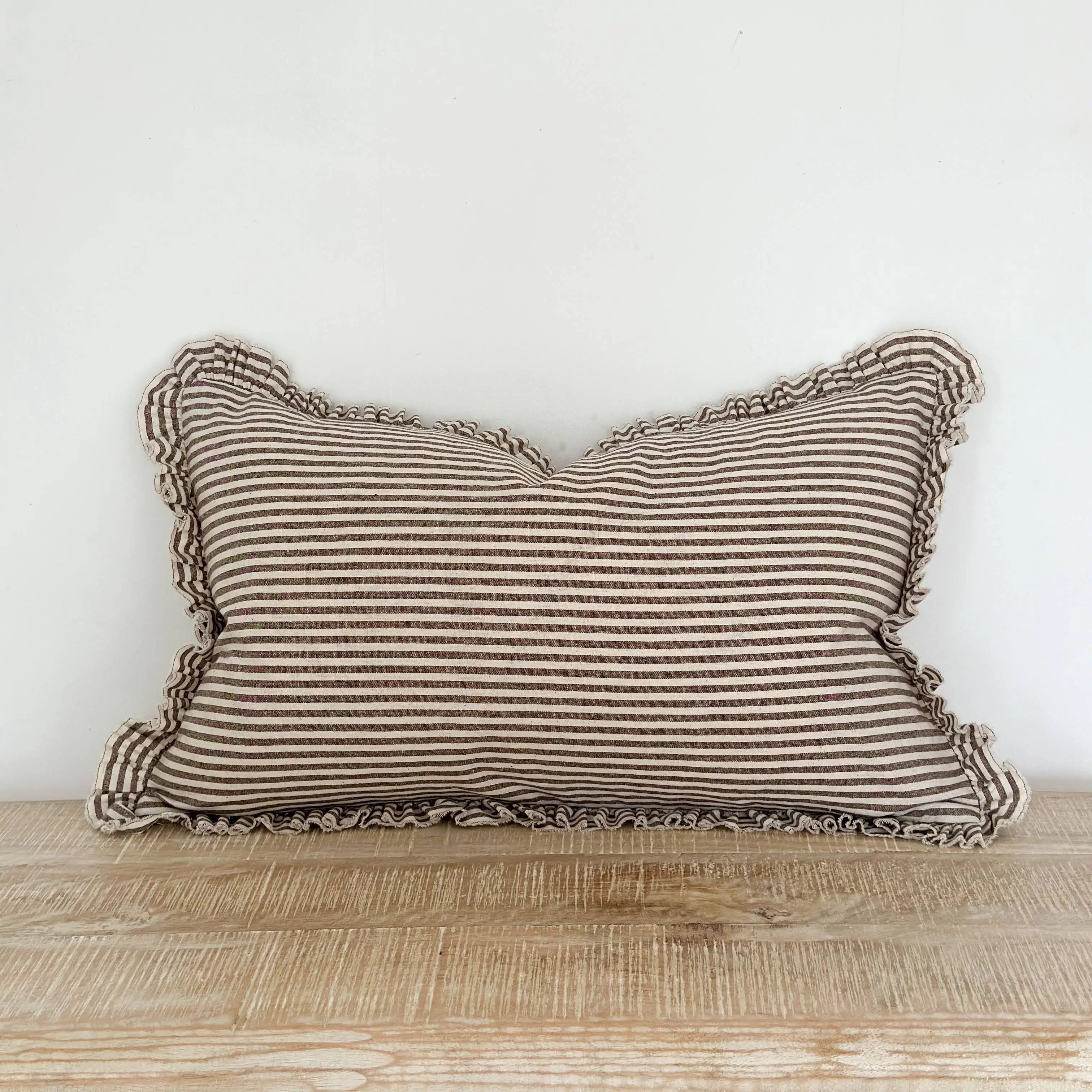 Darcy Ruffle Cotton Cushion Cover 50x30 – Dark Brown Stripe Ellenvale Trade