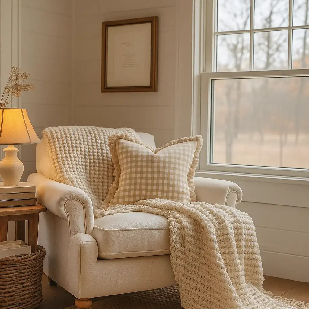 Pure French Linen Frayed Edge Ruffle Cushion Cover - Beige Gingham - 45x45 Mama and Tochter