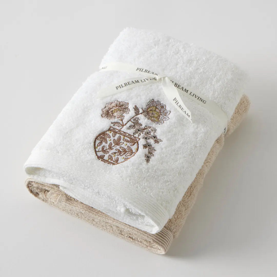 Timeless Blossoms Hand Towel Set of 2 (1 Embroidered, 1 Plain) Pilbeam Living