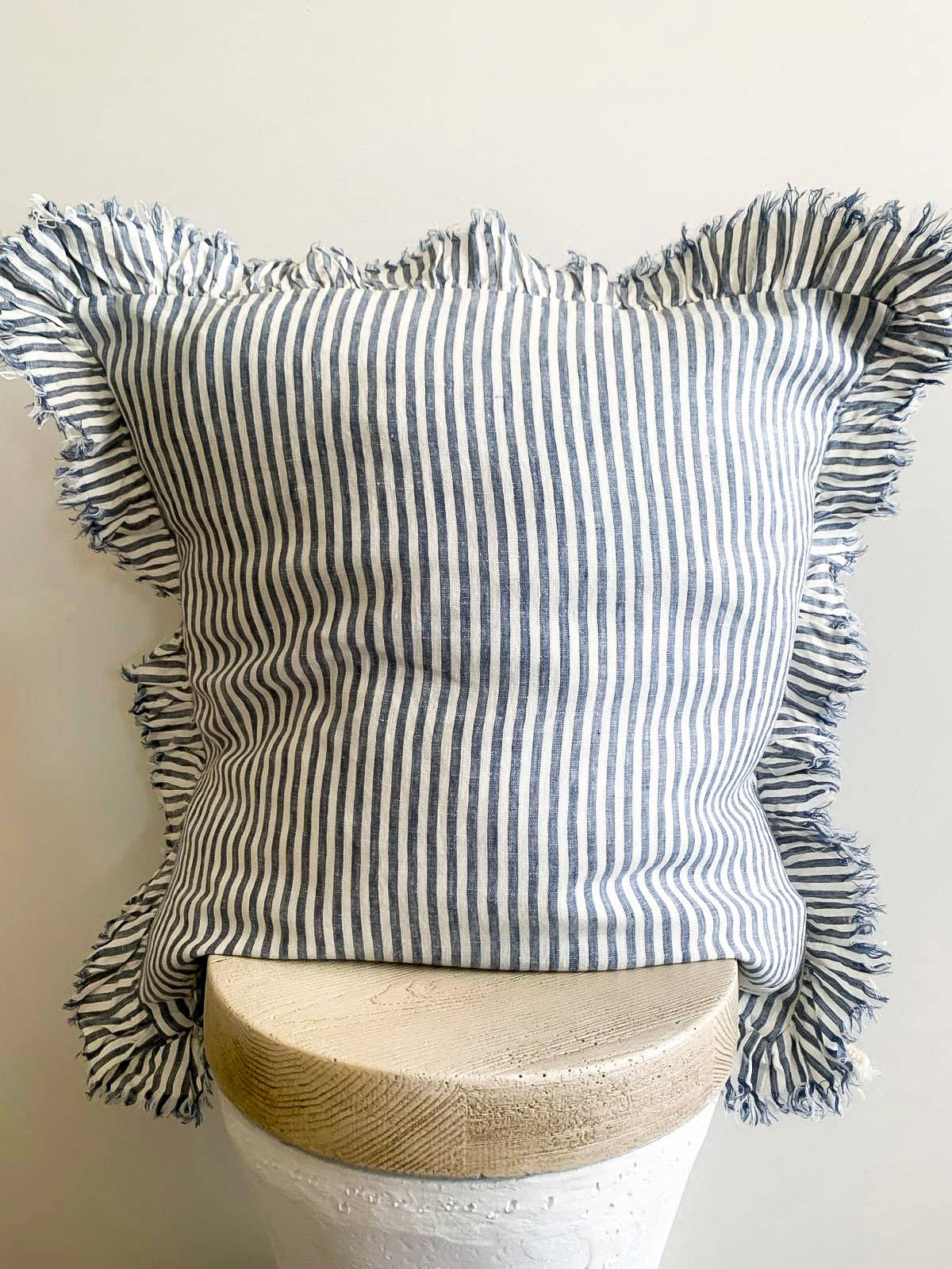 Pure French Linen Frayed Edge Ruffle Cushion - Marine Pinstripes Mama and Tochter