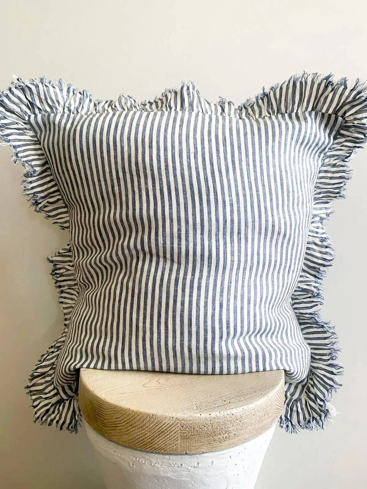 Pure French Linen Frayed Edge Ruffle Cushion Cover - Marine Pinstripes Mama and Tochter
