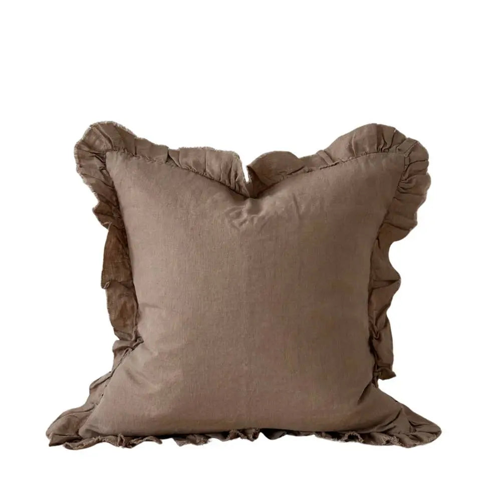 Hallie Ruffled Linen Cushion Cover – Coffee Brown 65 × 65 cm