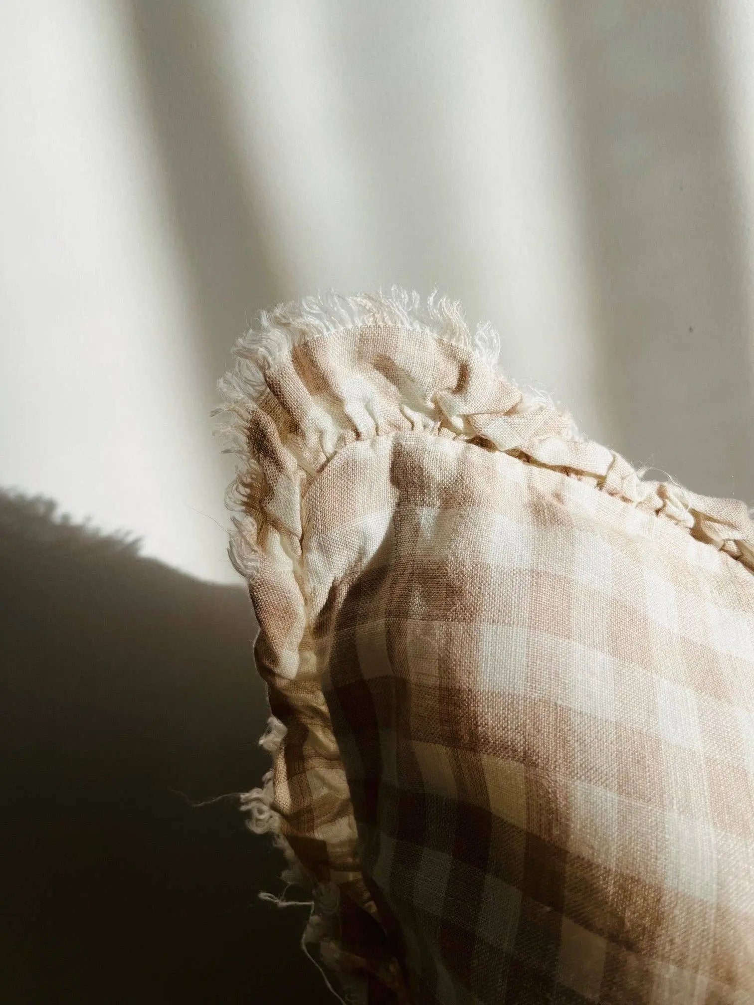 Pure French Linen Frayed Edge Ruffle Cushion Cover - Beige Gingham - 45x45 Mama and Tochter