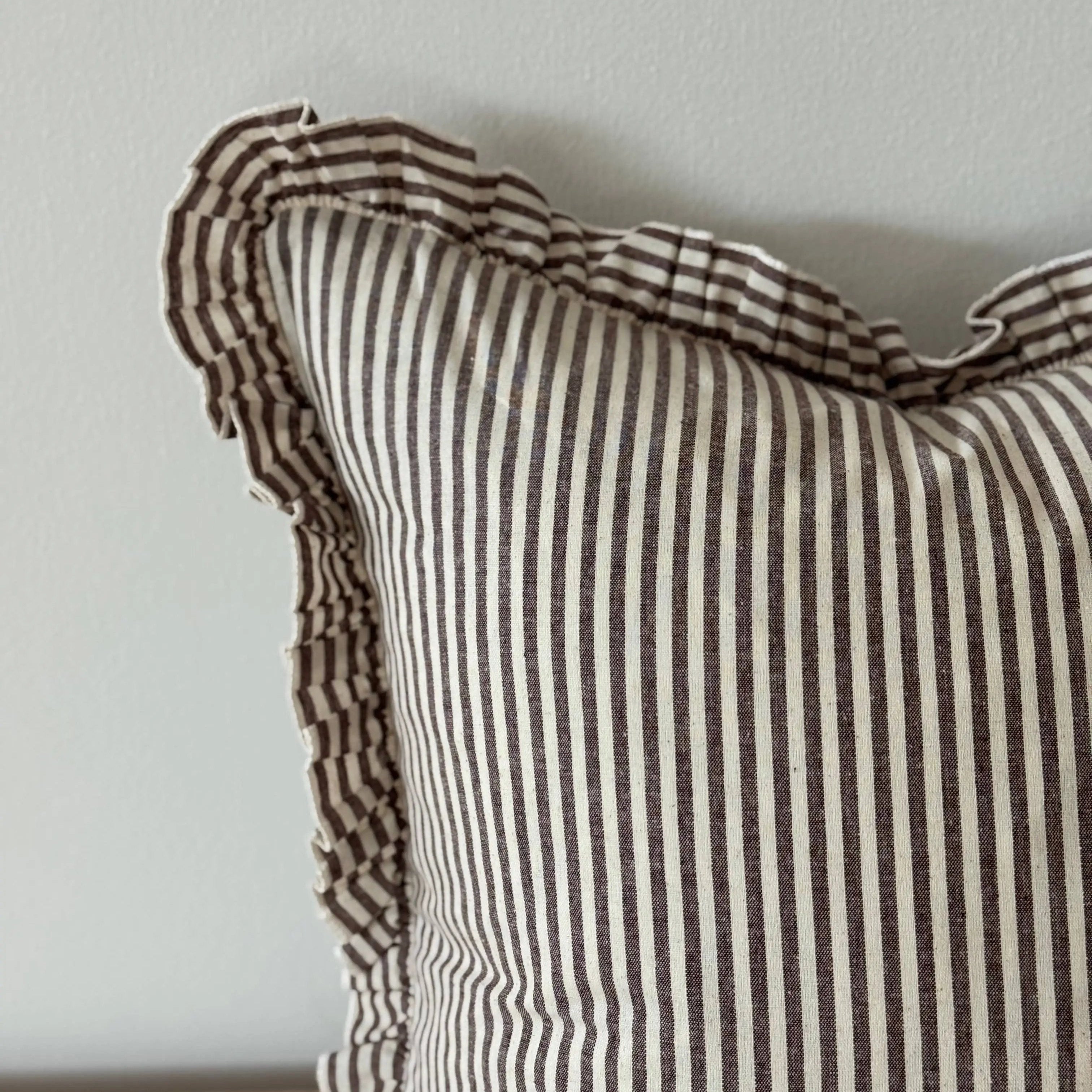 Darcy Ruffle Cotton Cushion Cover 45x45 - Dark Brown Stripe Ellenvale Trade