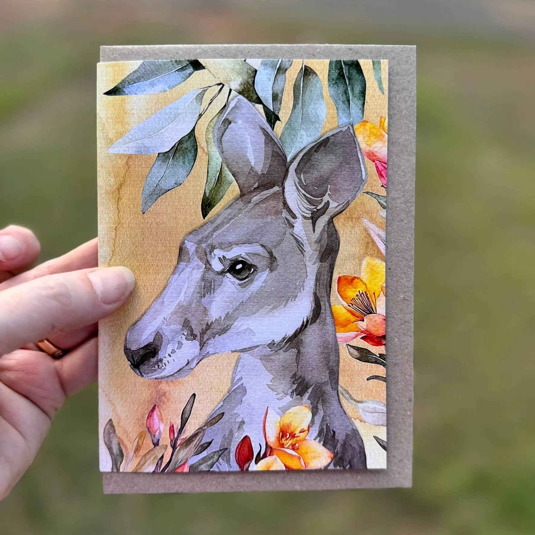 Australian Watercolour Kangaroo on Australian Flora greeting card Scattered Seed Co