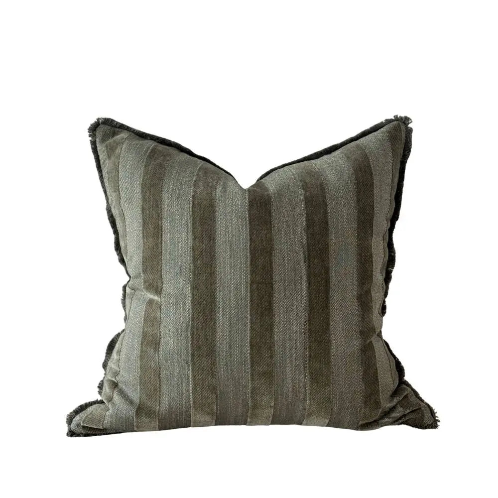 Isla Olive Stripe Cushion Cover - Fringed Edge 45 × 45 cm