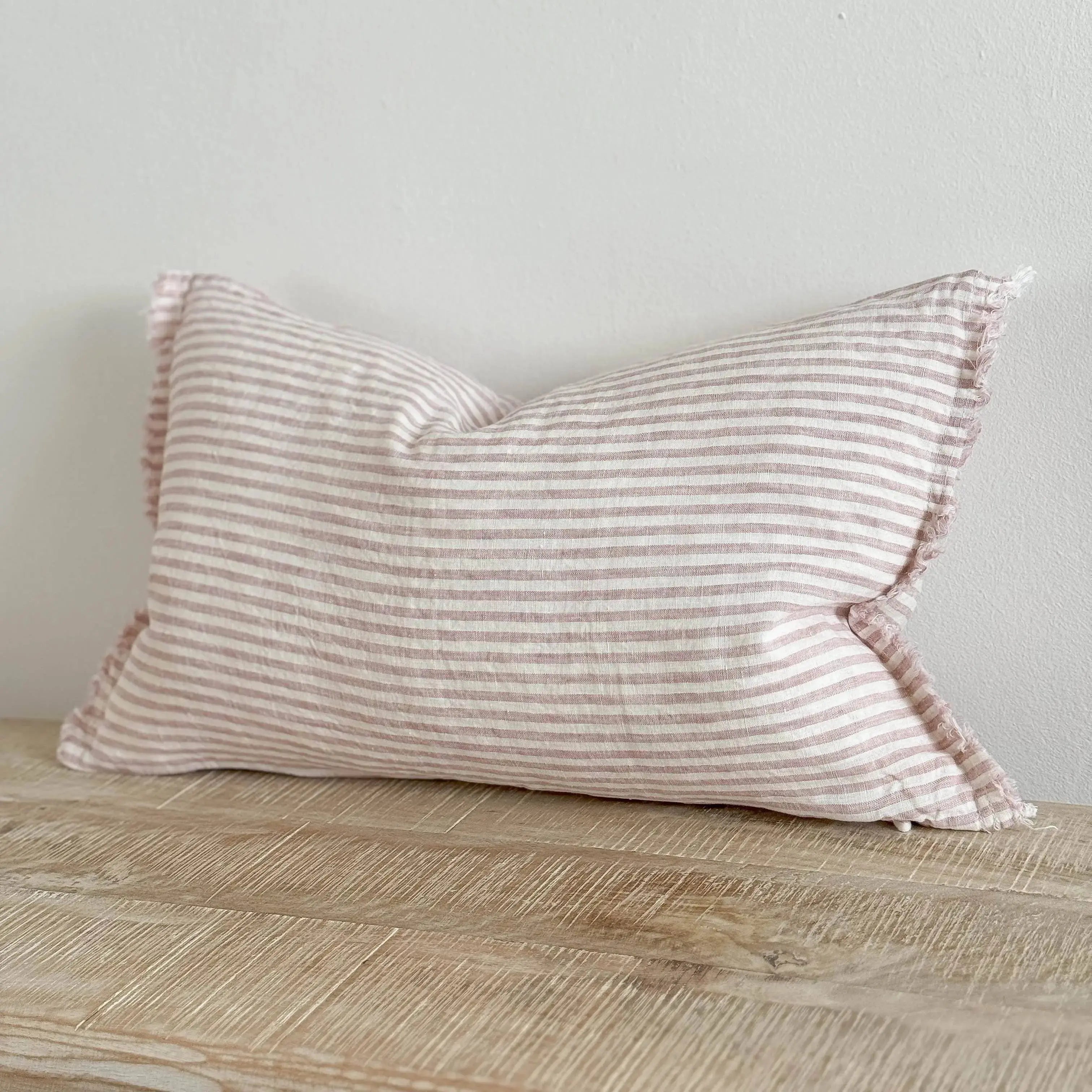 Esmee Fringed Linen Cushion Cover 50x30 – Pink & Cream Stripe Ellenvale Trade
