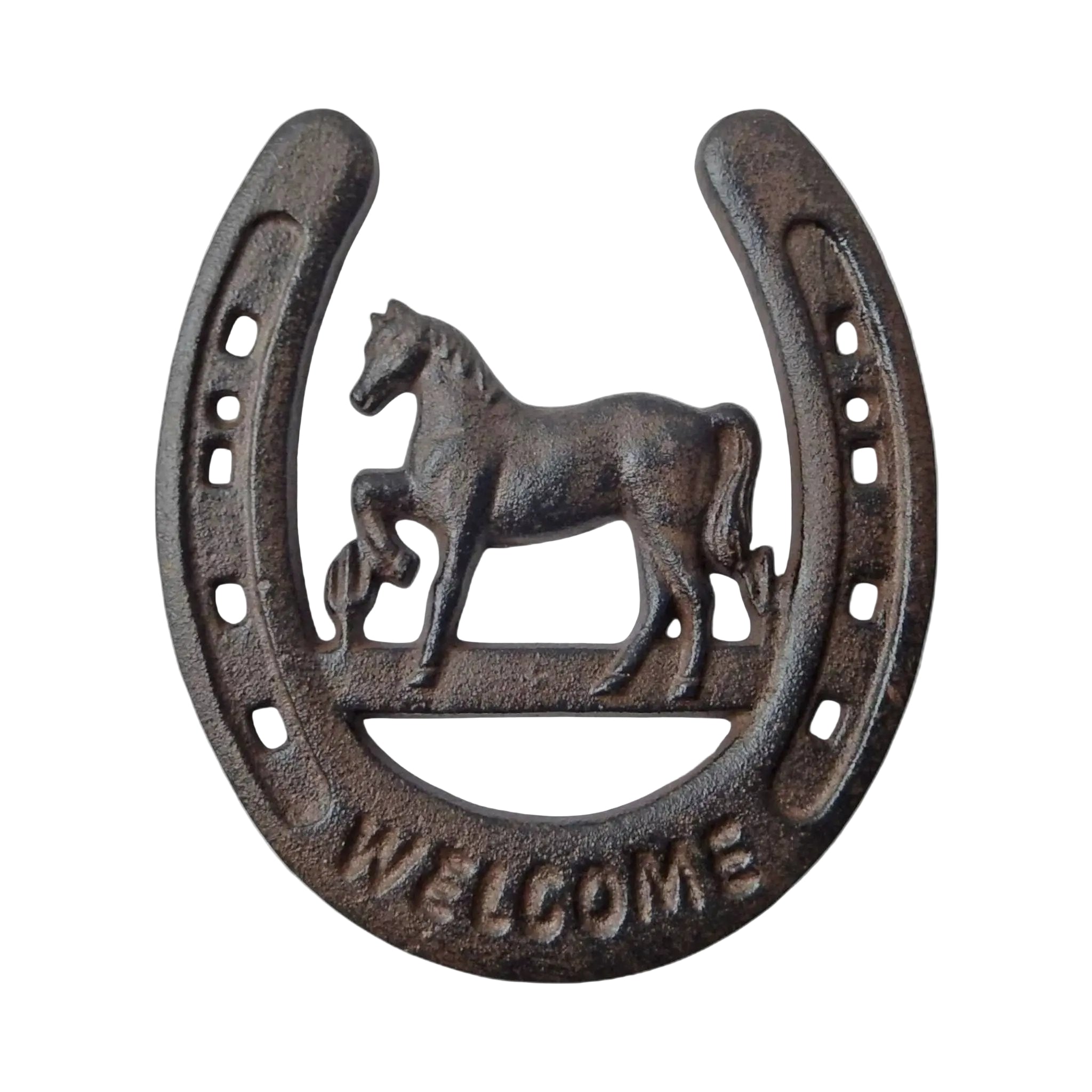 Cast Iron Horseshoe with Horse & Welcome – Western Door Decor