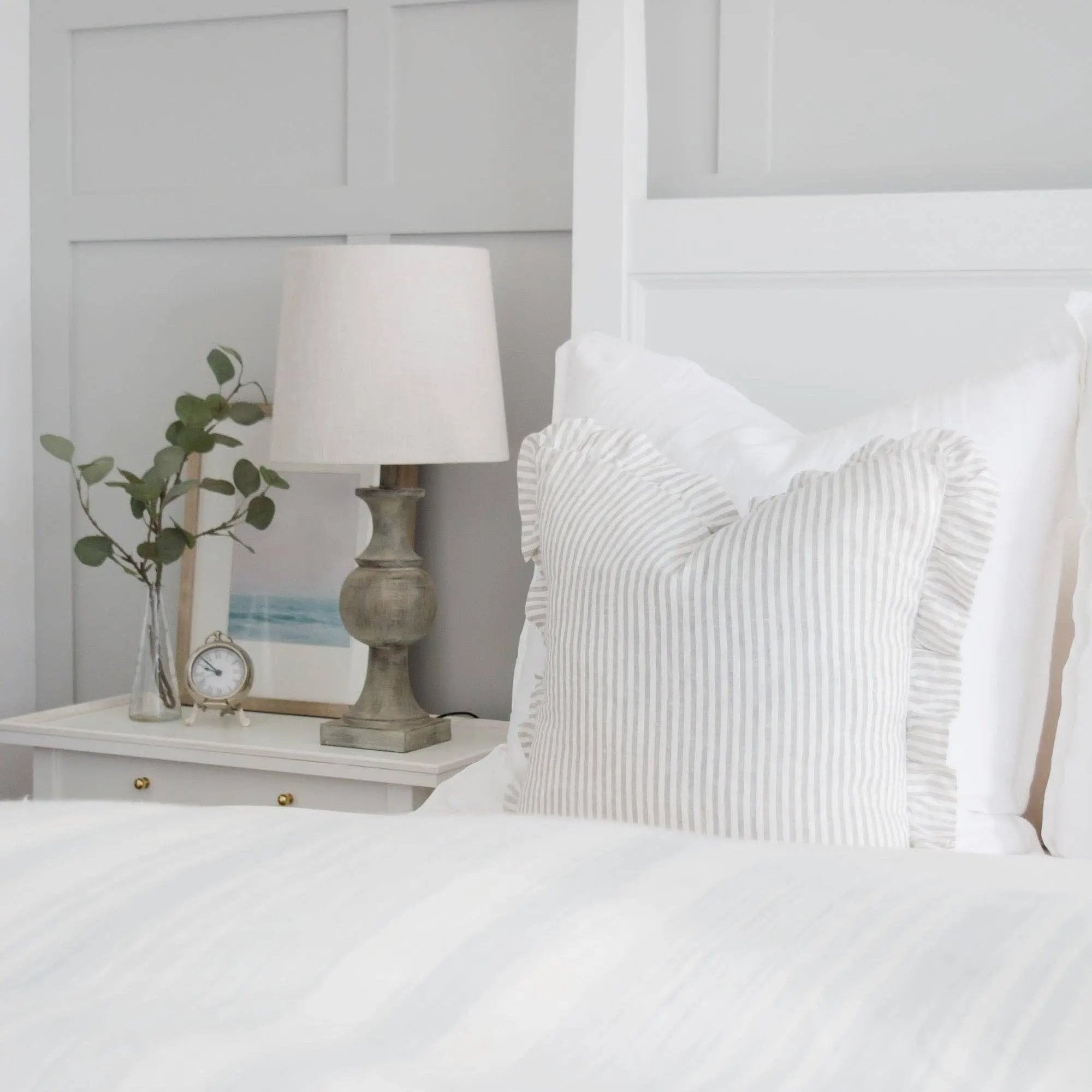 Pure Linen Ruffle Cushion Cover - Grey Stripe Mama and Tochter