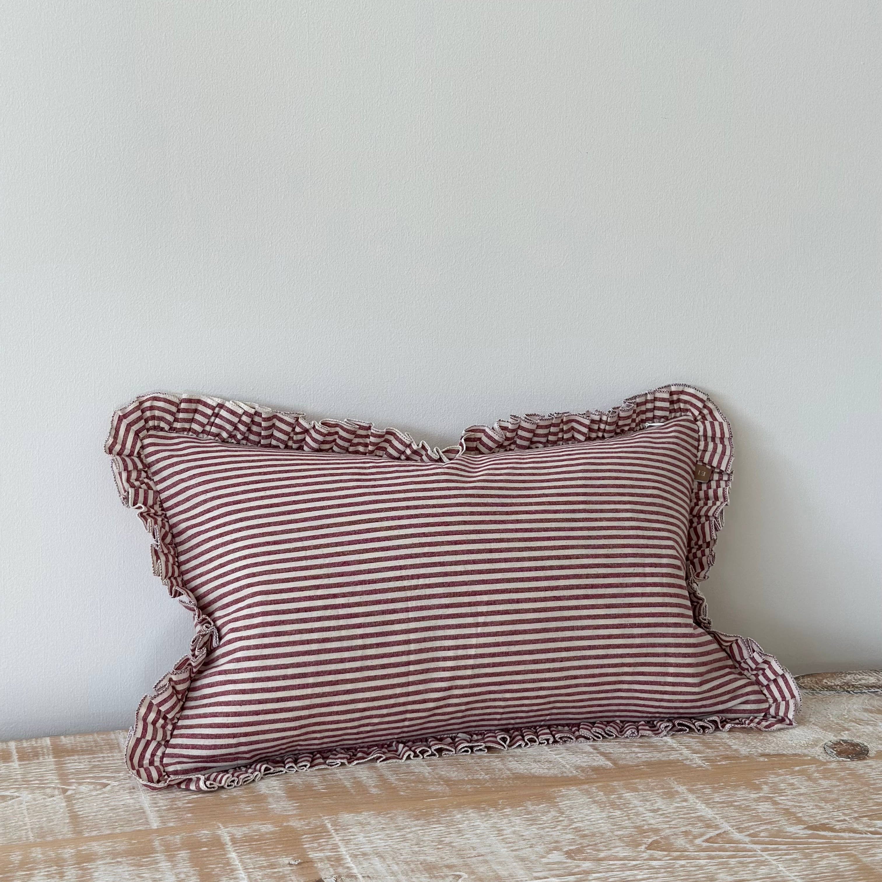 Darcy Ruffle Cotton Cushion Cover 50x30 – Burgundy Stripe Ellenvale Trade