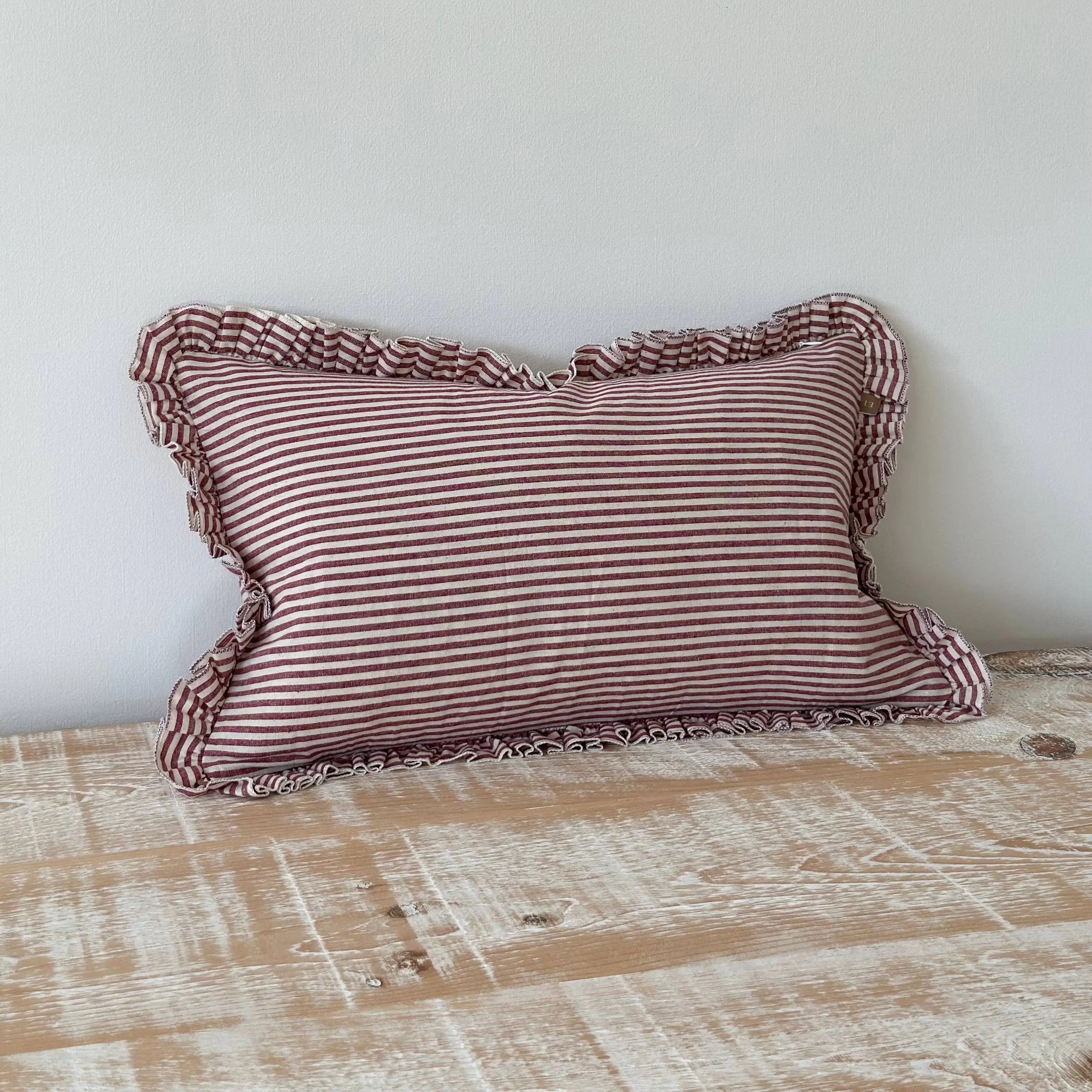 Darcy Ruffle Cotton Cushion Cover – Burgundy Stripe 50×30cm Ellenvale Trade