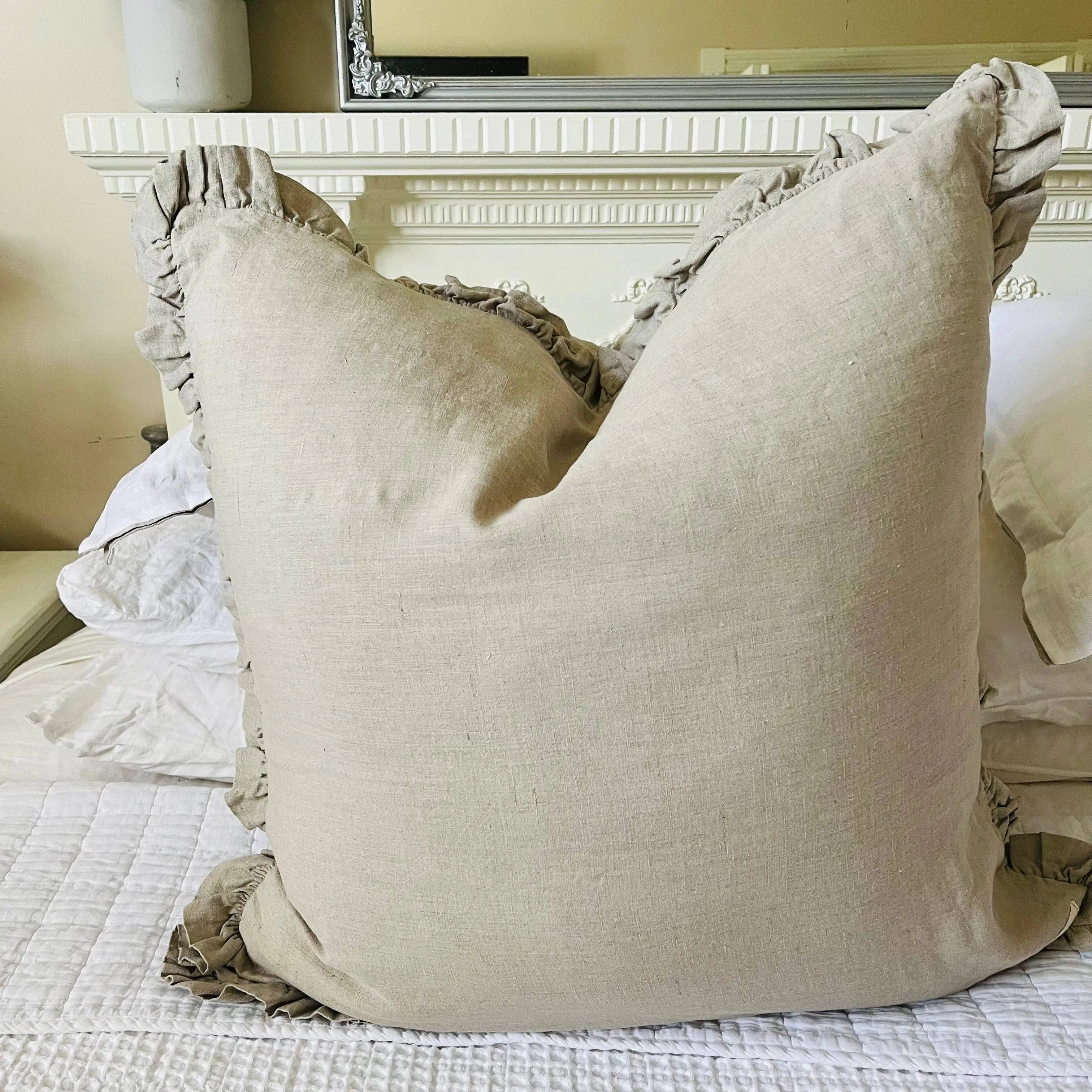 Natural Pure French Linen Euro Cushion Cover Only with Full Ruffled Edge 65cmx 65cm - Barrington Country Homewares