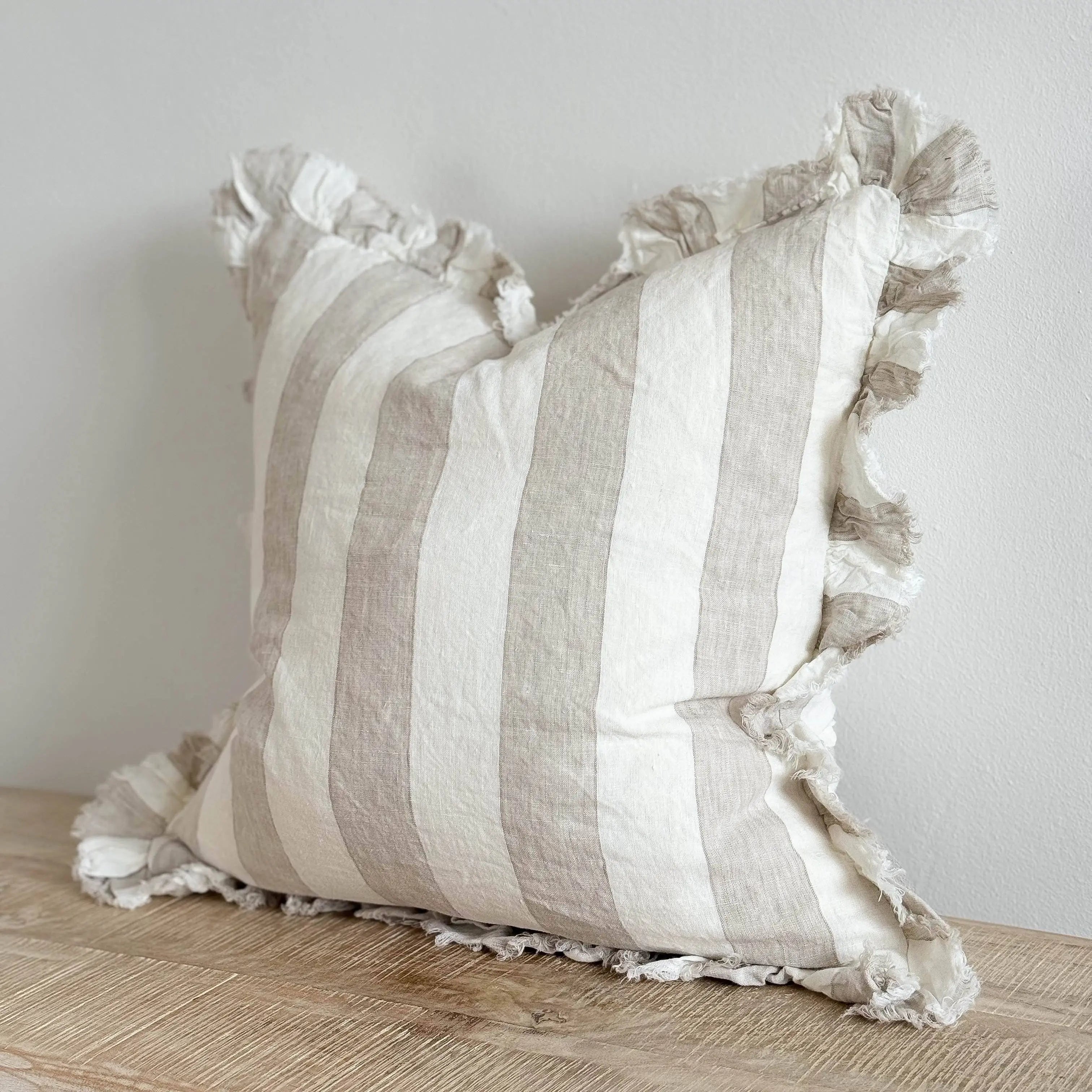 Hallie Ruffled Linen Cushion Cover – Beige & Cream Wide Stripe 45 x 45 cm Ellenvale Trade