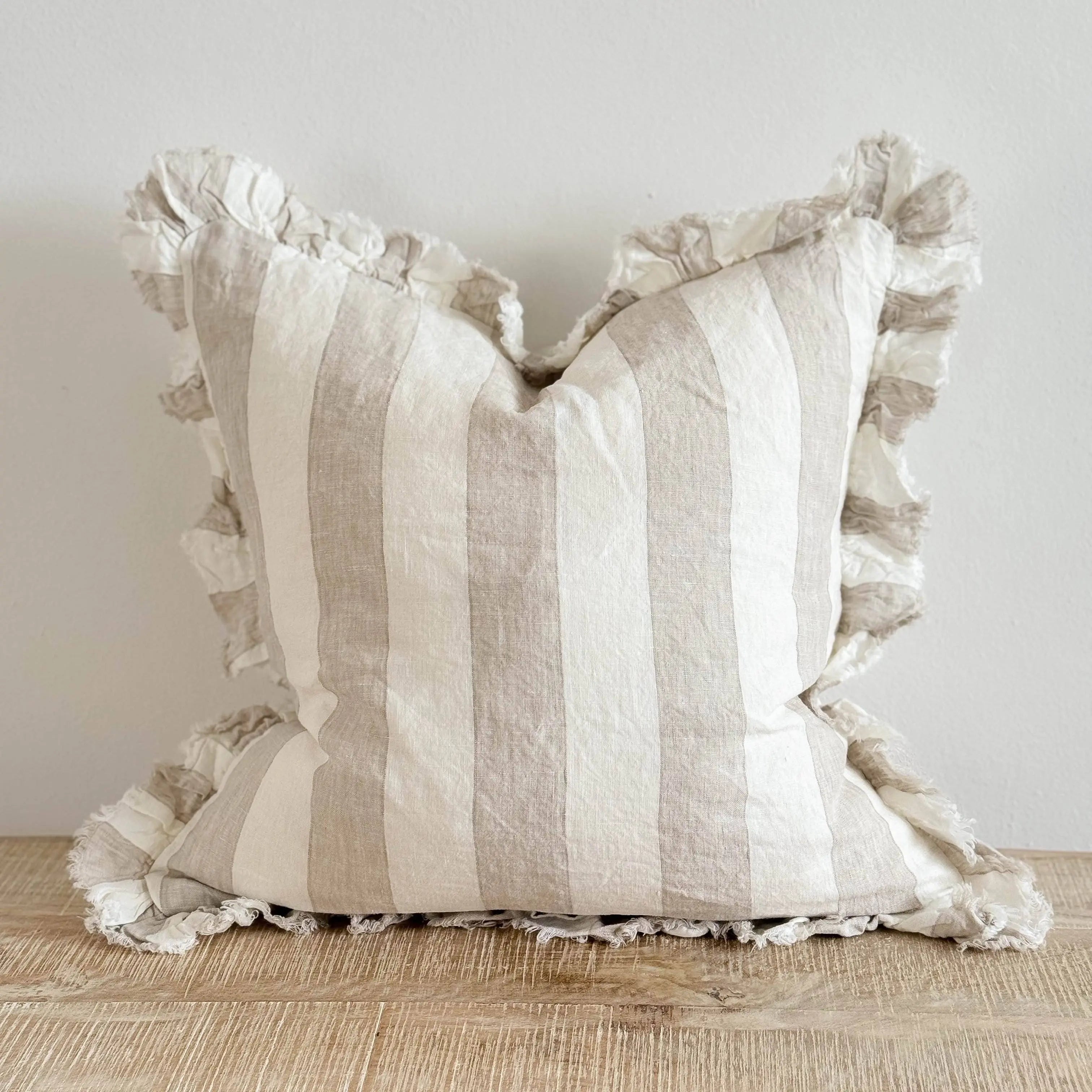 Hallie Ruffled Linen Cushion Cover – Beige & Cream Wide Stripe 45 x 45 cm Ellenvale Trade