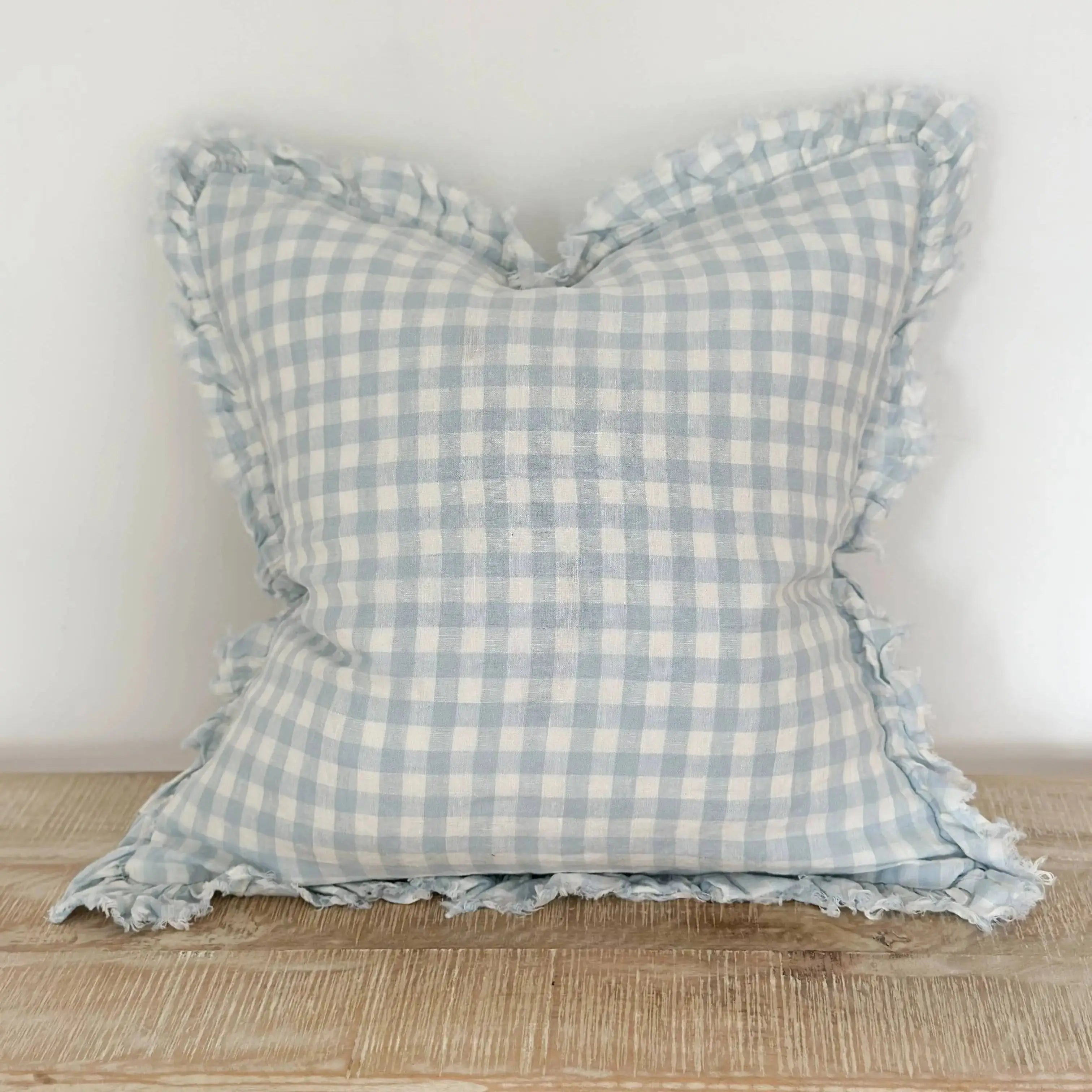 Hallie Ruffled Linen Cushion Cover 45x45 – Blue Gingham Ellenvale Trade