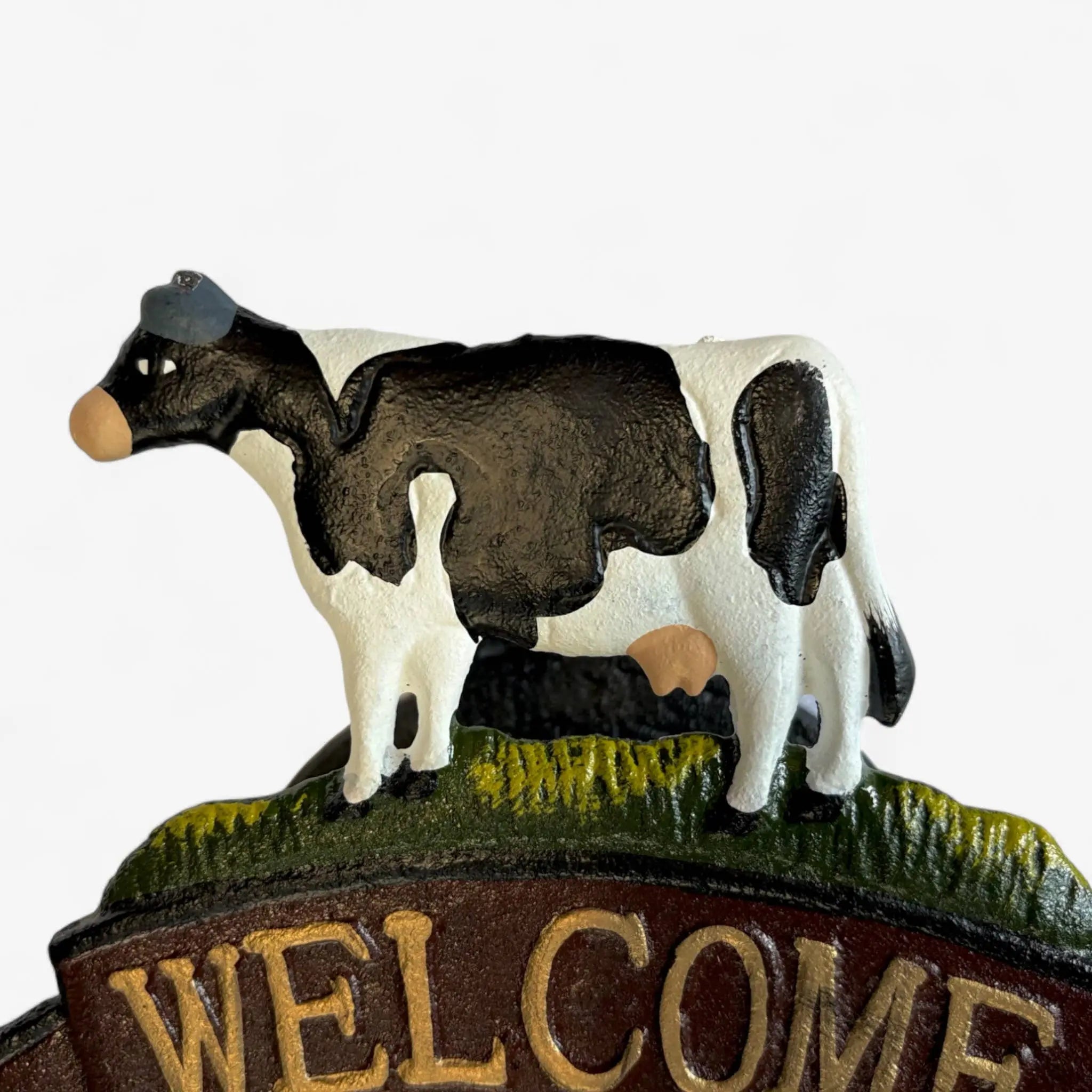 Rustic Cast Iron Cow Welcome Bell Sign – Farmhouse Door Decor Iron & Blossom