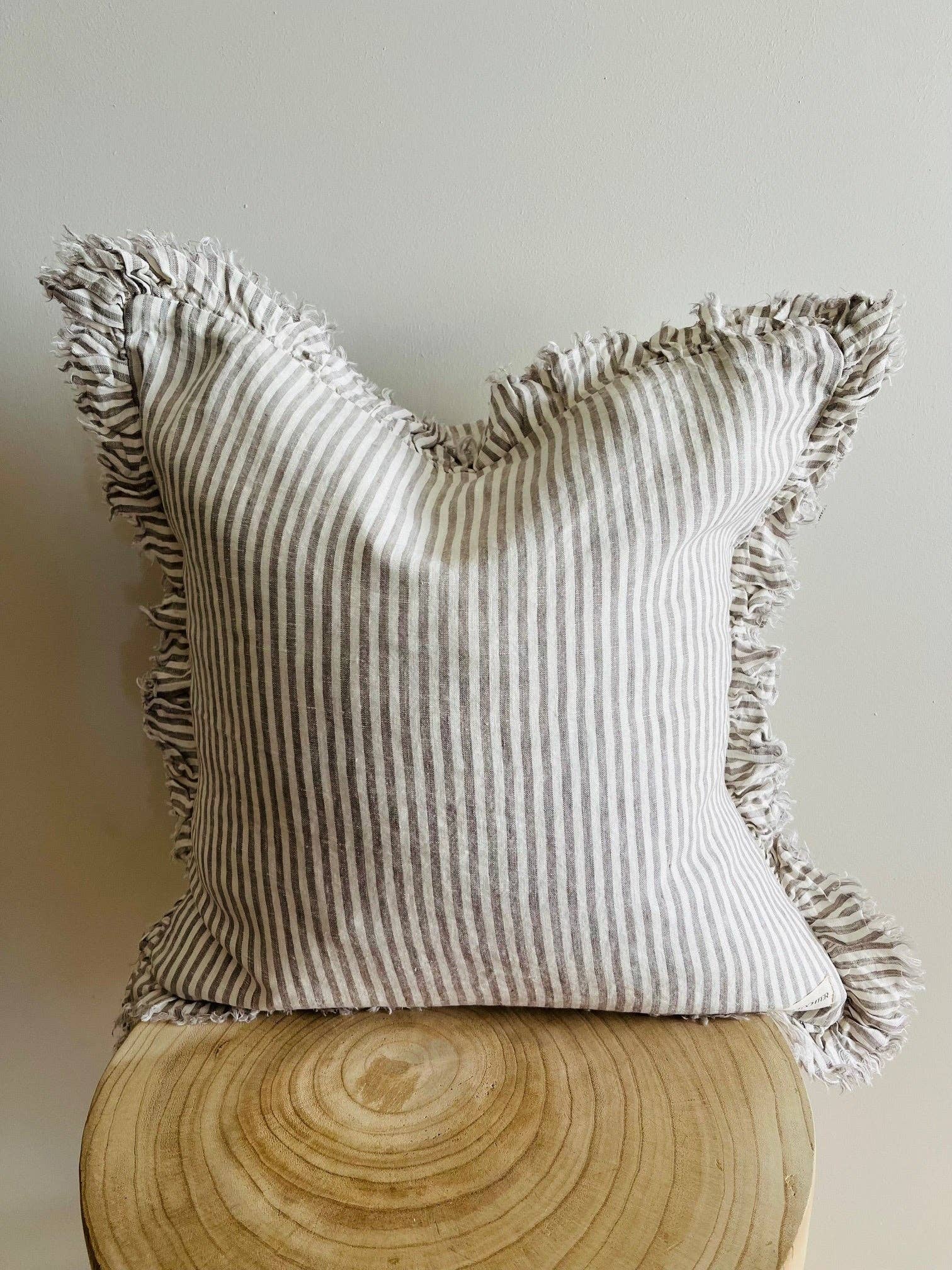 Pure French Linen Frayed Edge Ruffle Cushion Cover - Grey Stripe - 45x45 Mama and Tochter