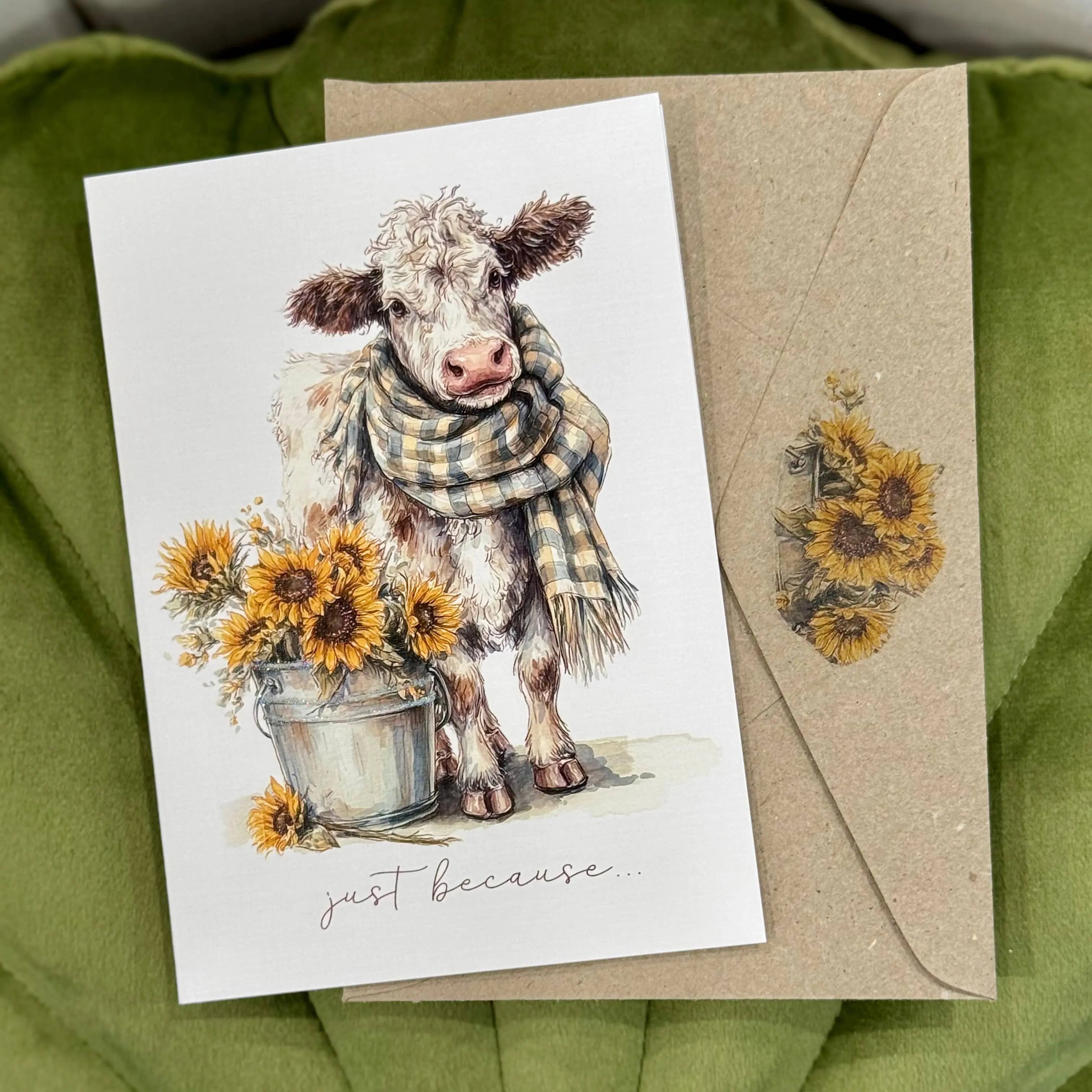 Cow & Sunflowers – "Just Because" Greeting Card