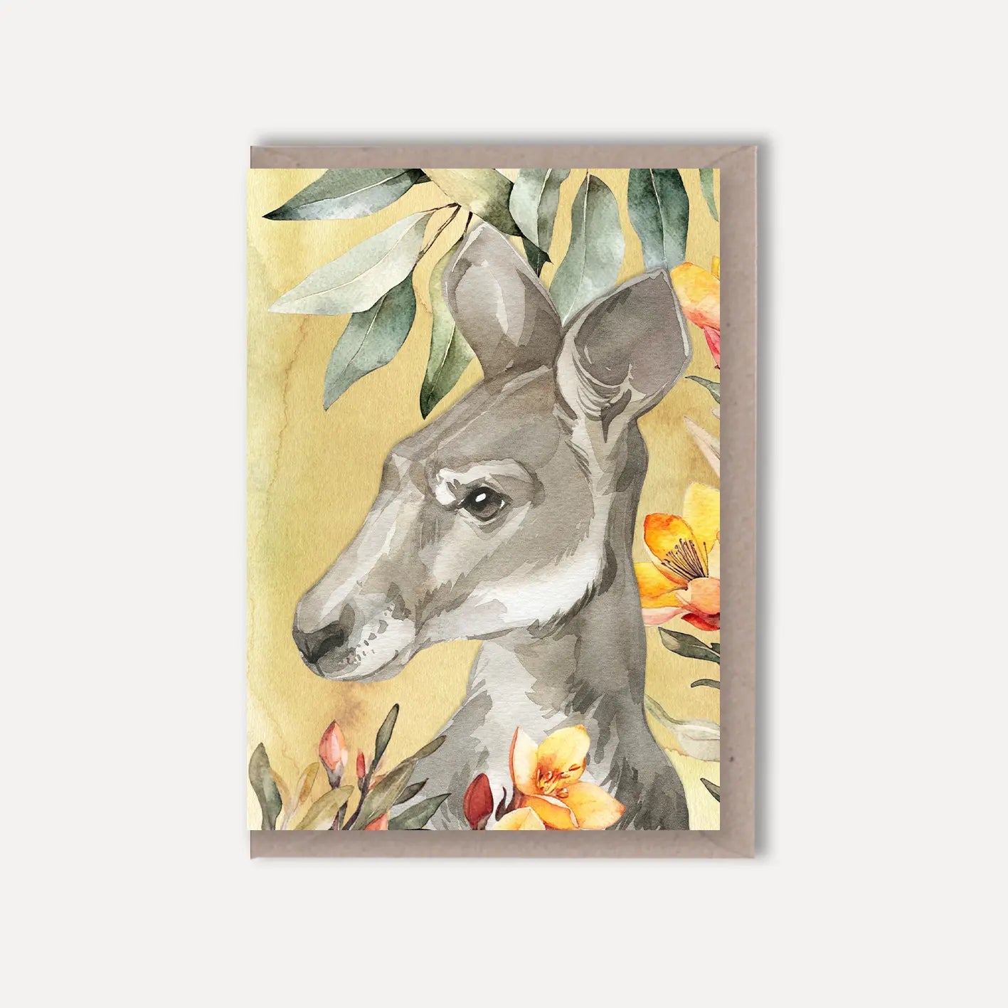 Australian Watercolour Kangaroo on Australian Flora greeting card Scattered Seed Co