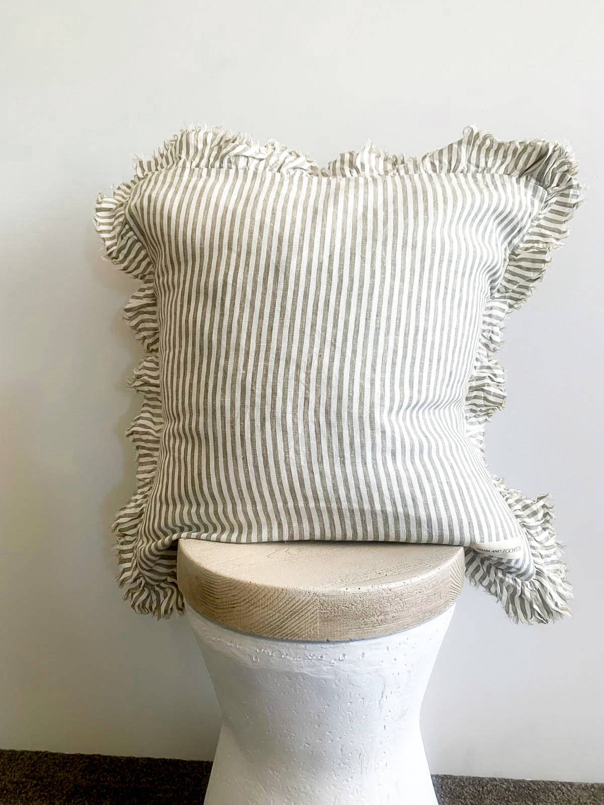 Pure French Linen Frayed Edge Ruffle Cushion Cover - Olive Pinstripes - 45x45 Mama and Tochter