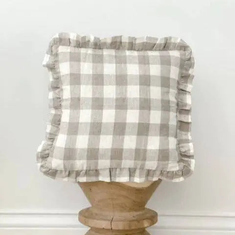 Reversible Linen Ruffle Cushion Cover Only - Natural Gingham - Natural - Barrington Country Homewares