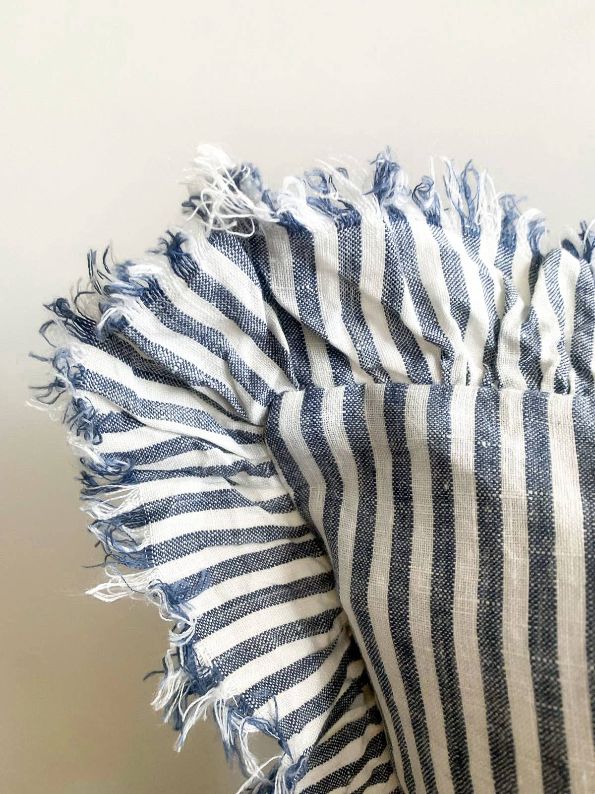 Pure French Linen Frayed Edge Ruffle Cushion - Marine Pinstripes Mama and Tochter