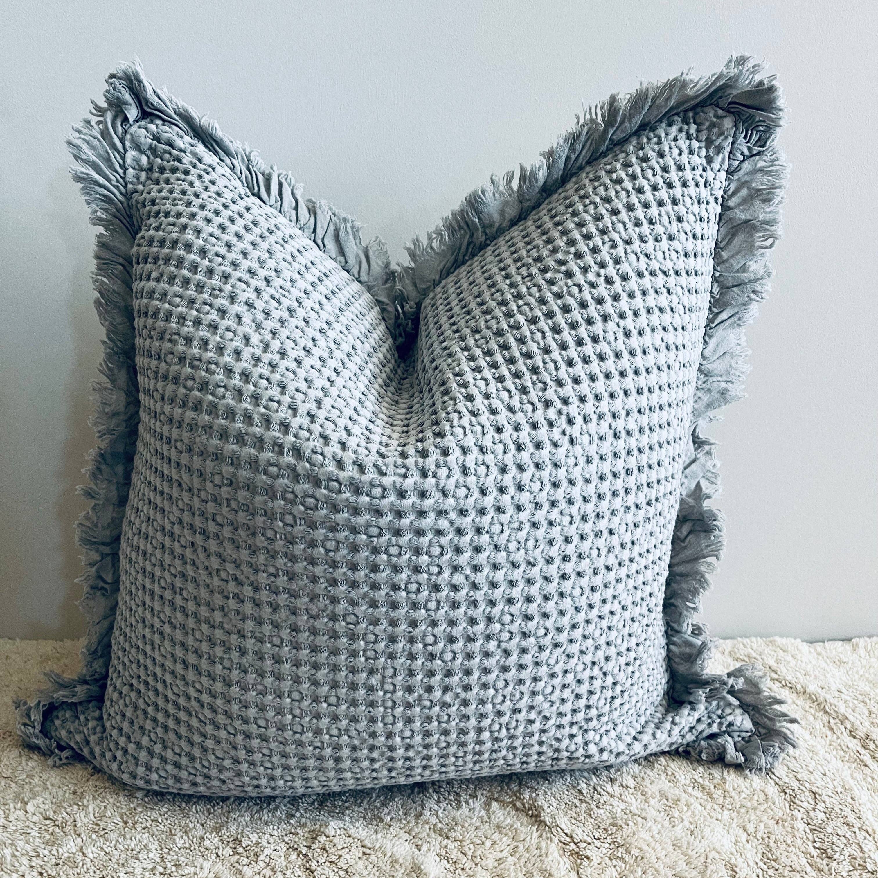 Organic Cotton Waffle Ruffle Cushion Cover - Light Grey- 2.5cm Frayed Ruffle