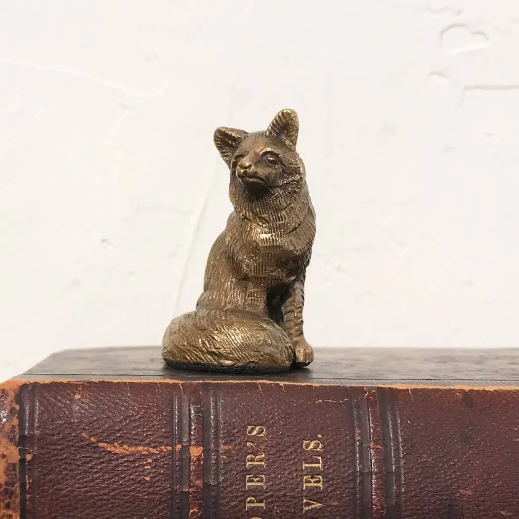 Antiqued Solid Brass Sitting Fox – Tabletop Decor / Paperweight X Small