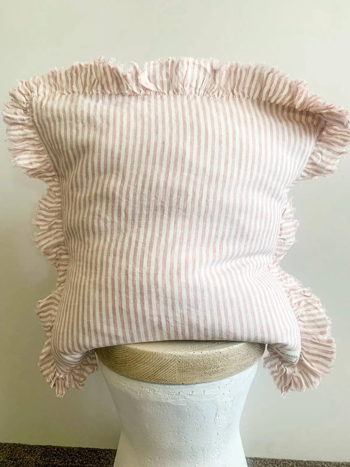 Pure French Linen Frayed Edge Ruffle Cushion Cover - Pink Pinstripes Mama and Tochter