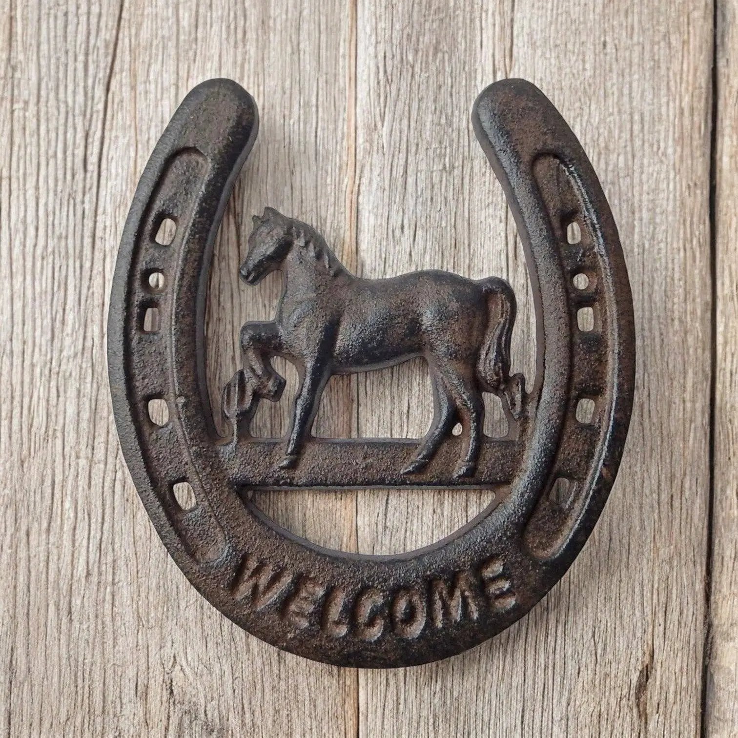 Cast Iron Horseshoe with Horse & Welcome – Western Door Decor