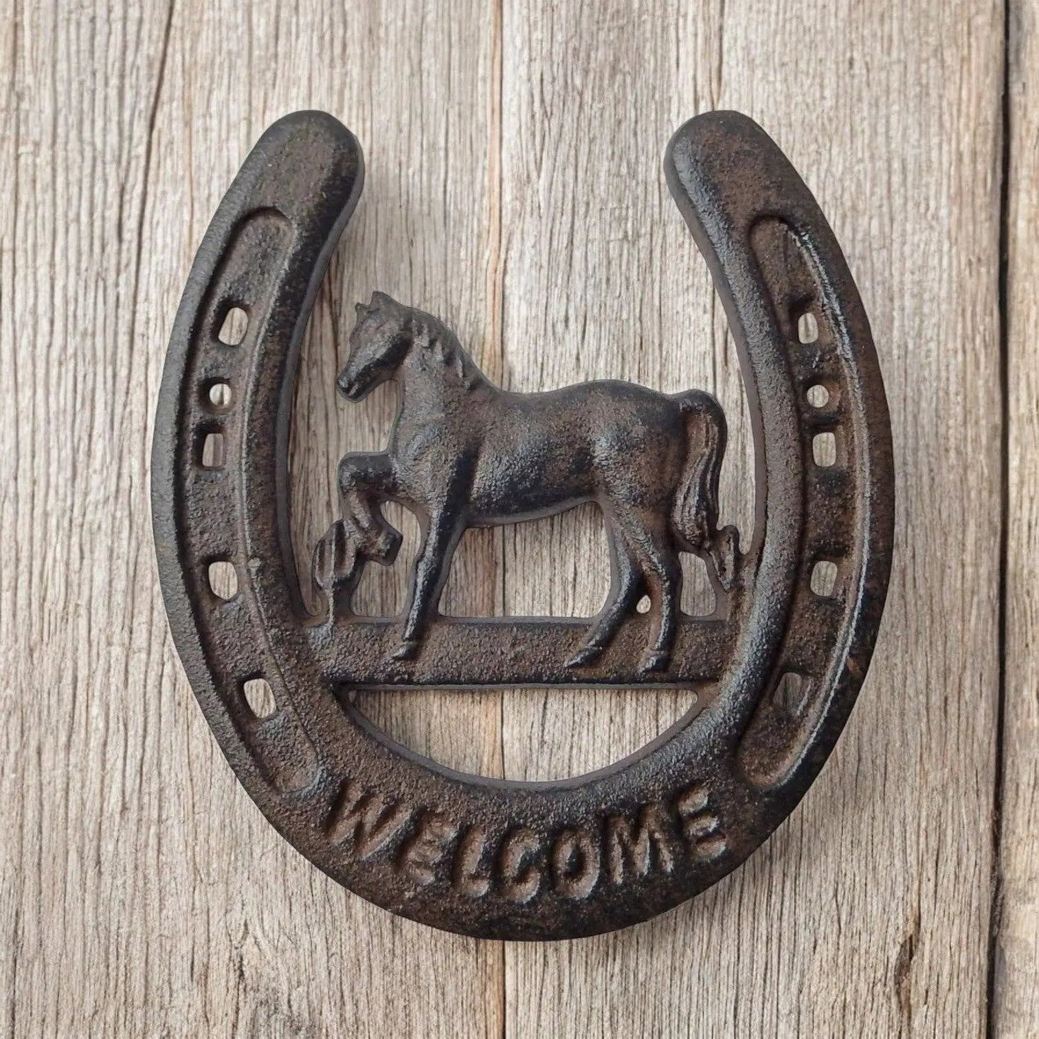 Cast Iron Horseshoe with Horse & Welcome – Western Door Decor Iron & Blossom