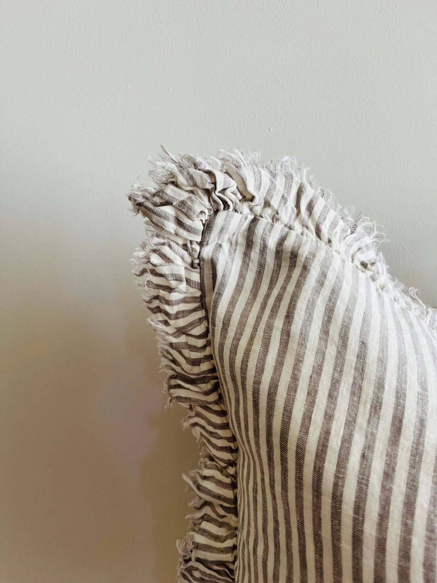 Pure French Linen Frayed Edge Ruffle Cushion Cover - Grey Stripe - 45x45 Mama and Tochter