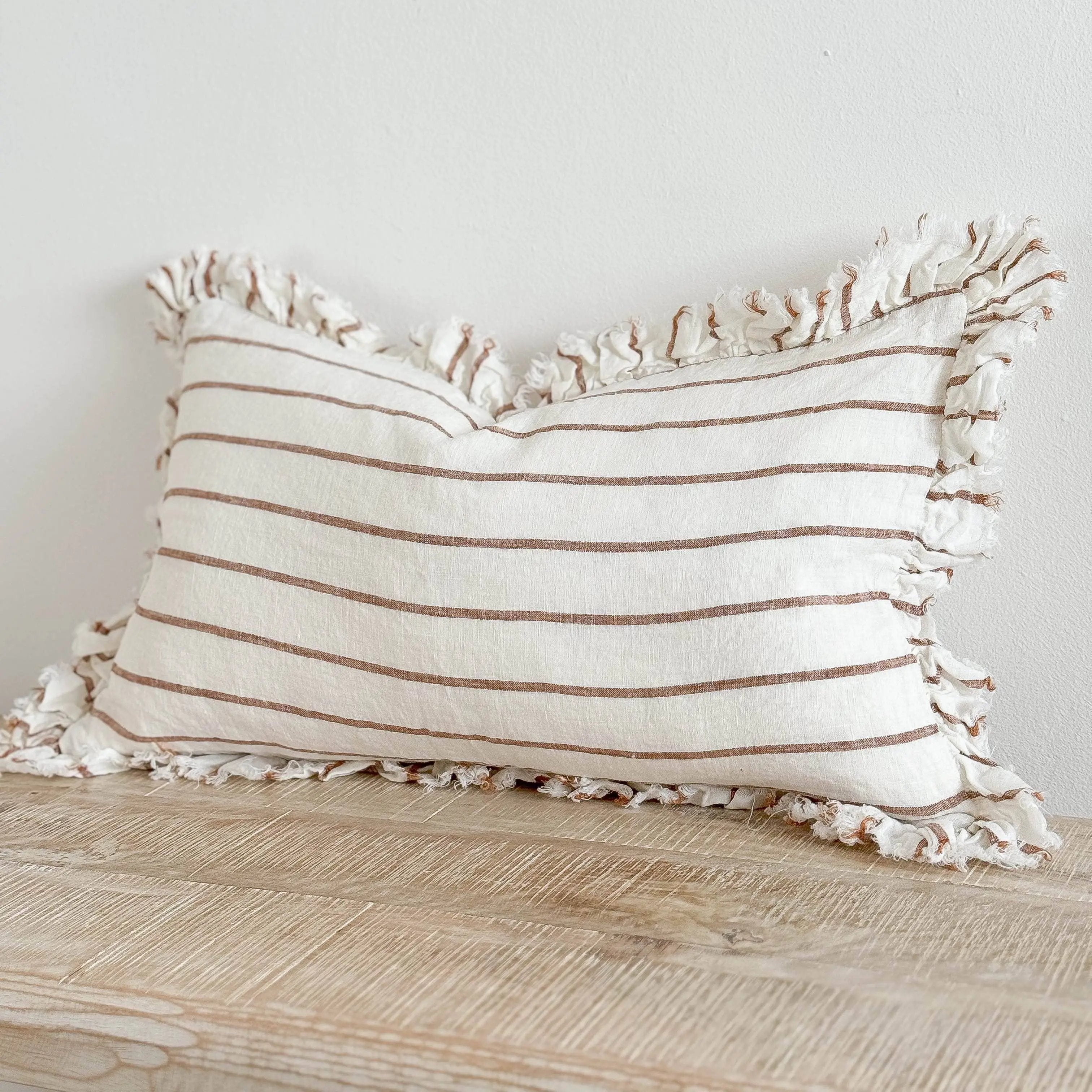 Hallie Ruffled Linen Cushion Cover – Brown & Cream Stripe 50cm × 30cm Ellenvale Trade