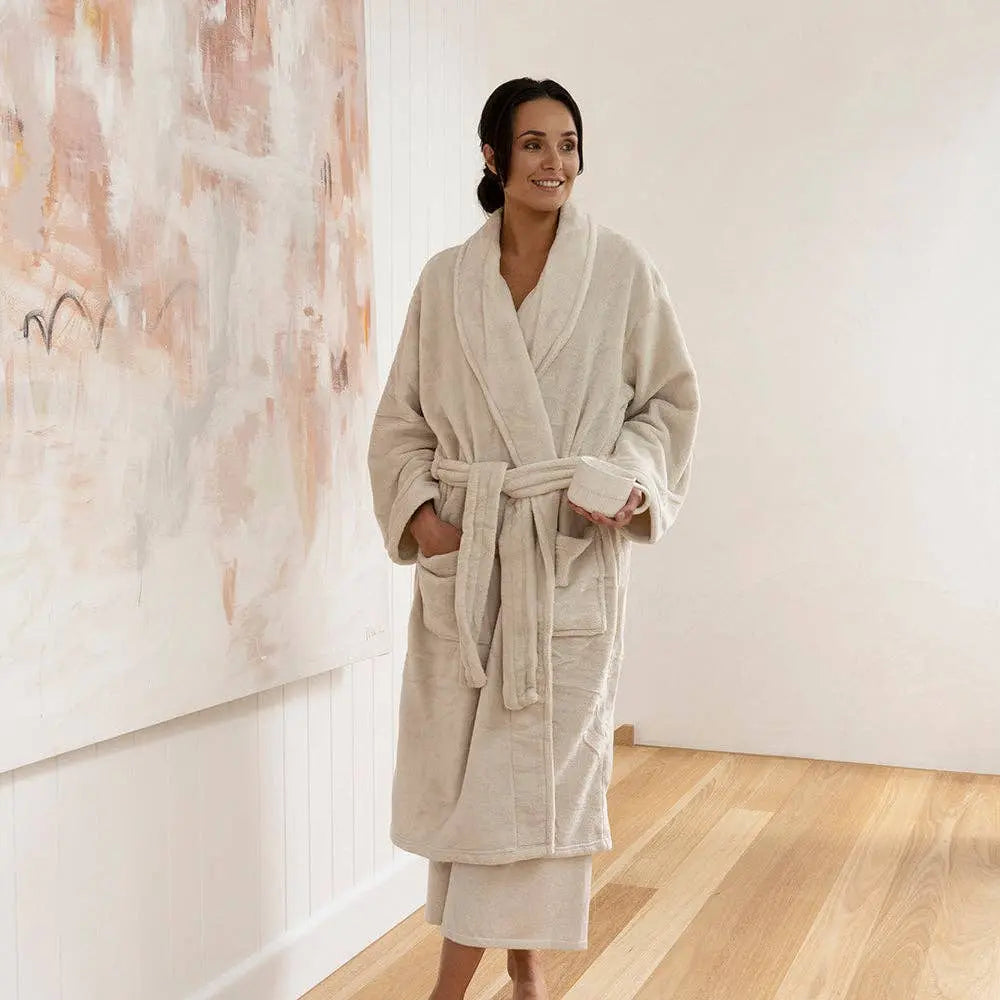 Microplush Bath Robe: Stone / Small/Medium - Barrington Country Homewares