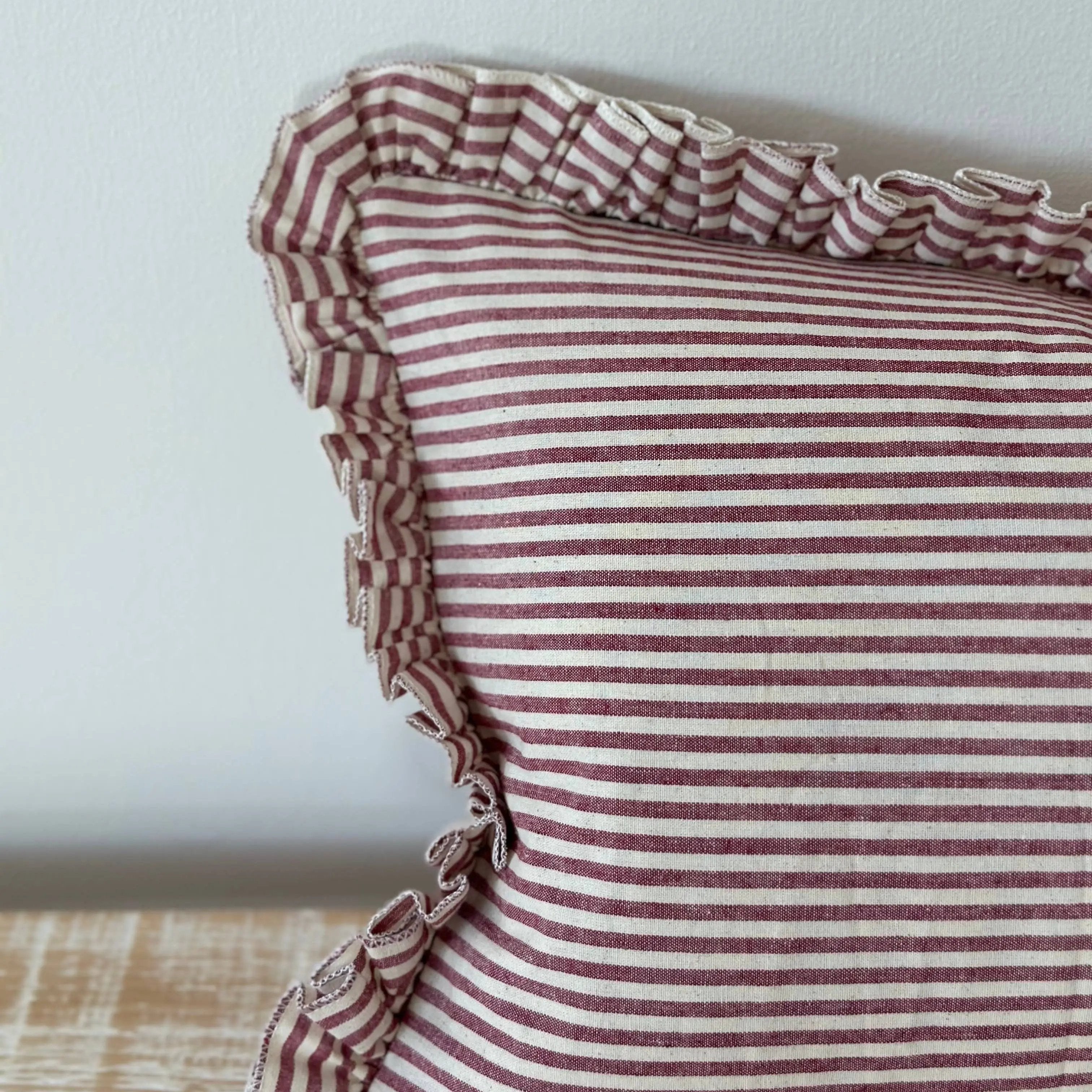 Darcy Ruffle Cotton Cushion Cover – Burgundy Stripe 50×30cm Ellenvale Trade