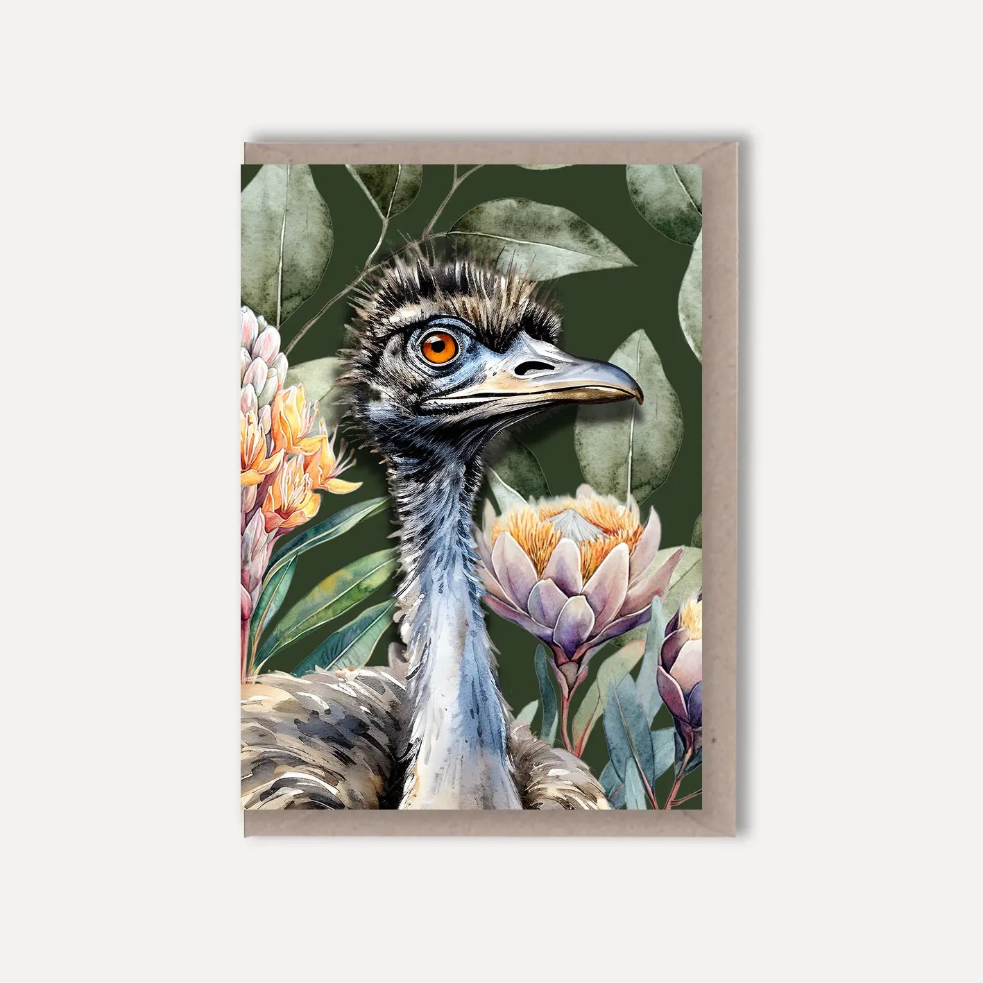 Australian Emu on Native Florals – Greeting Card