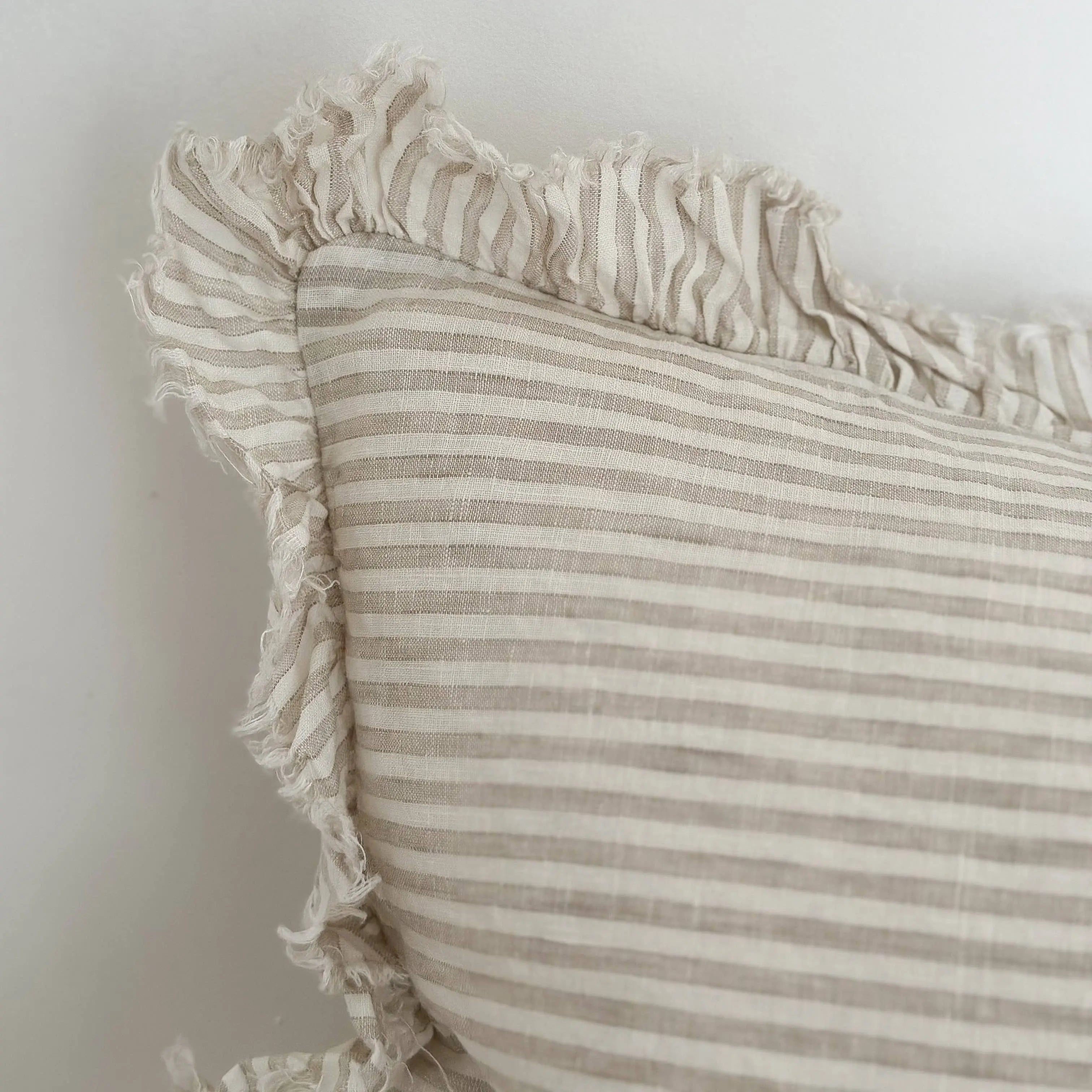 Hallie Ruffled Linen Cushion Cover – Natural Beige Stripe 50 x 30 cm Ellenvale Trade